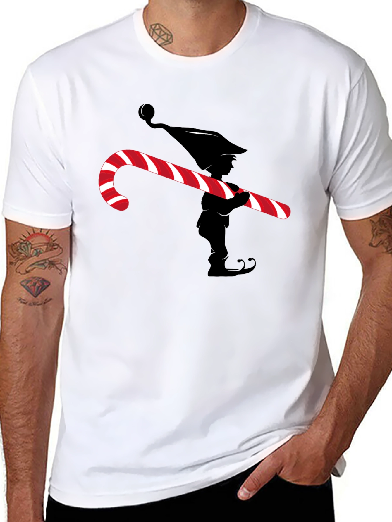 Elf with Candy Cane Graphic Tee - Christmas T-Shirt