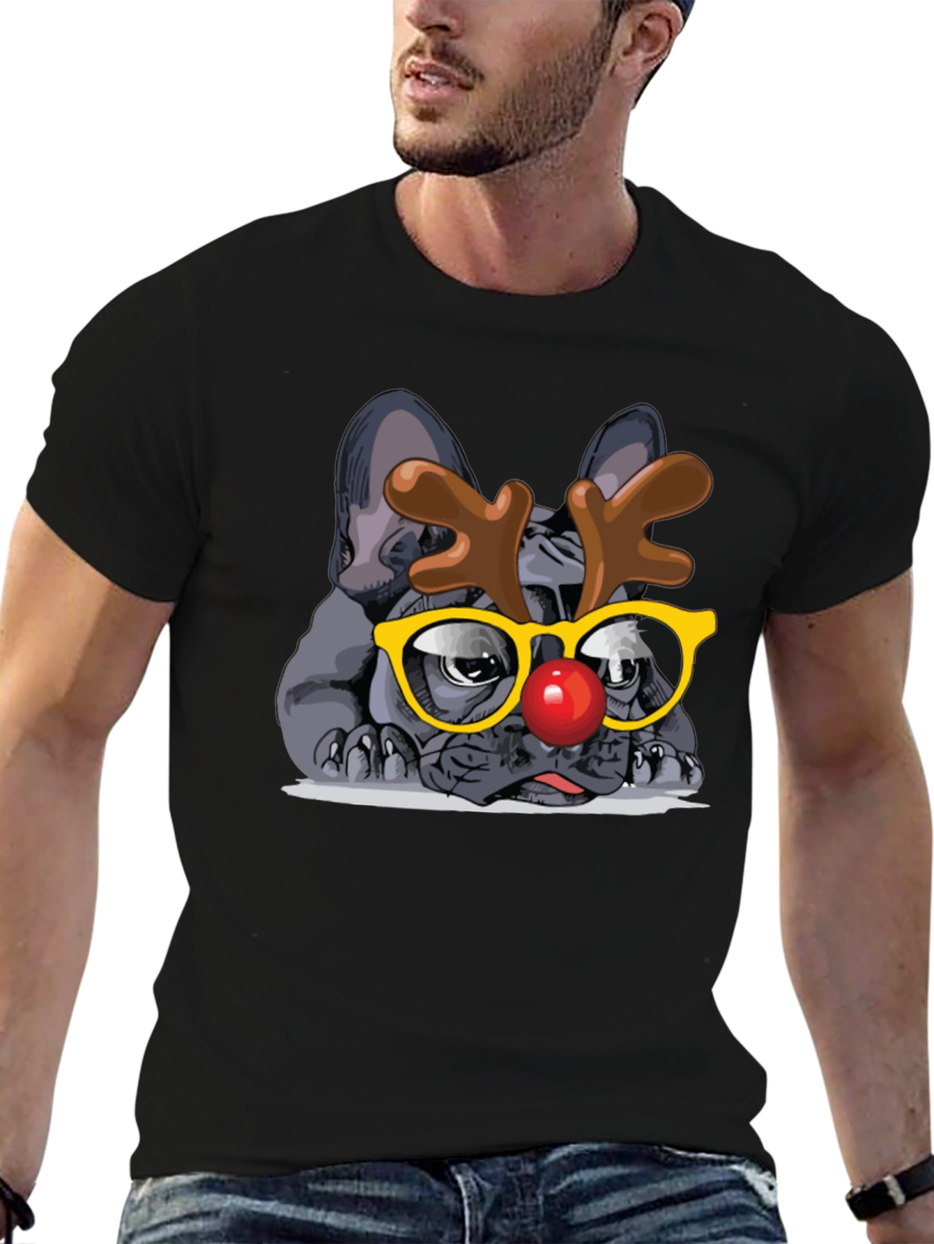 Dog Reindeer Graphic Tee - Black