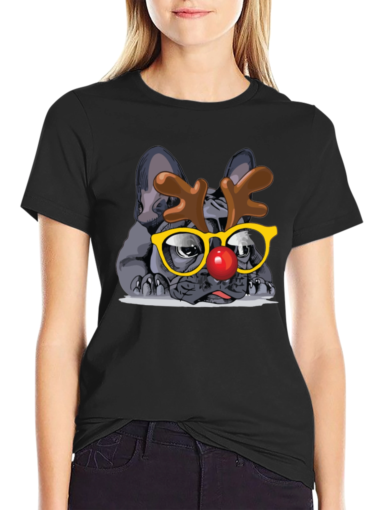 Dog Reindeer Graphic Tee - Black