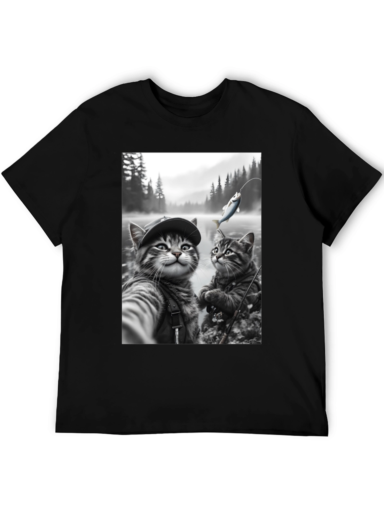 Fishing Cats Graphic Tee - Black Cotton Blend