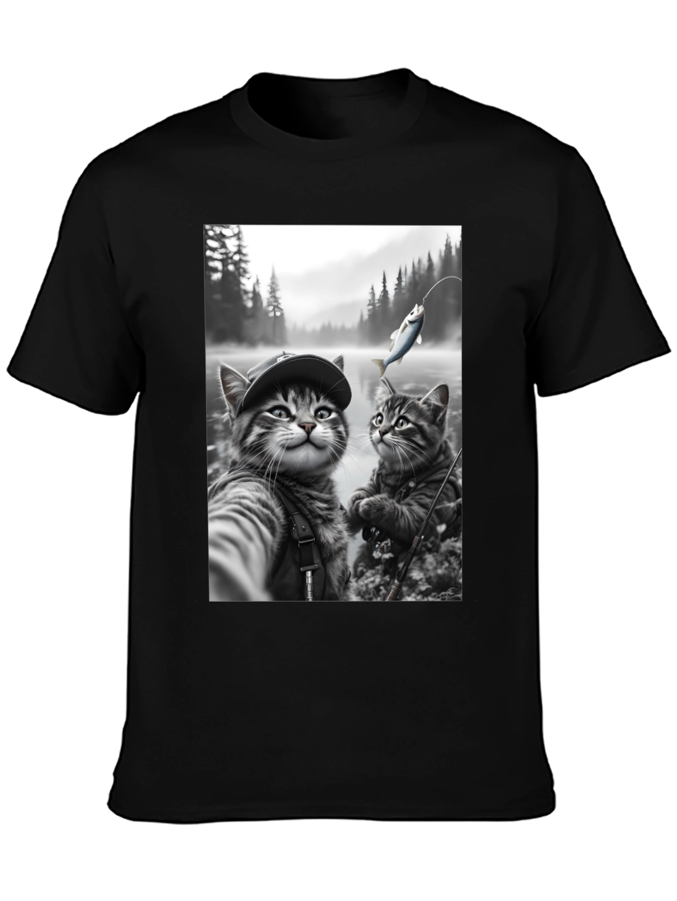 Fishing Cats Graphic Tee - Black Cotton Blend