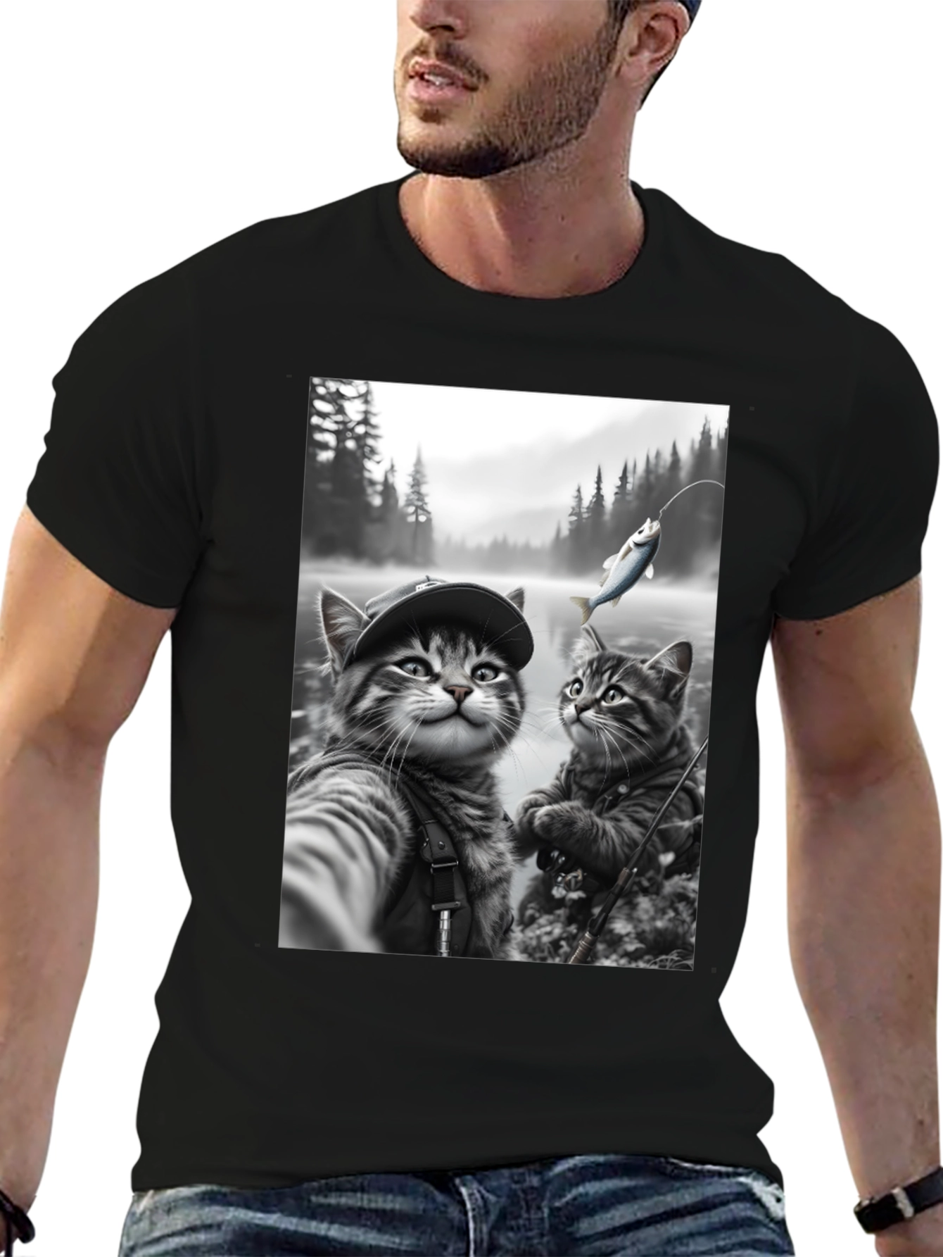 Fishing Cats Graphic Tee - Black Cotton Blend