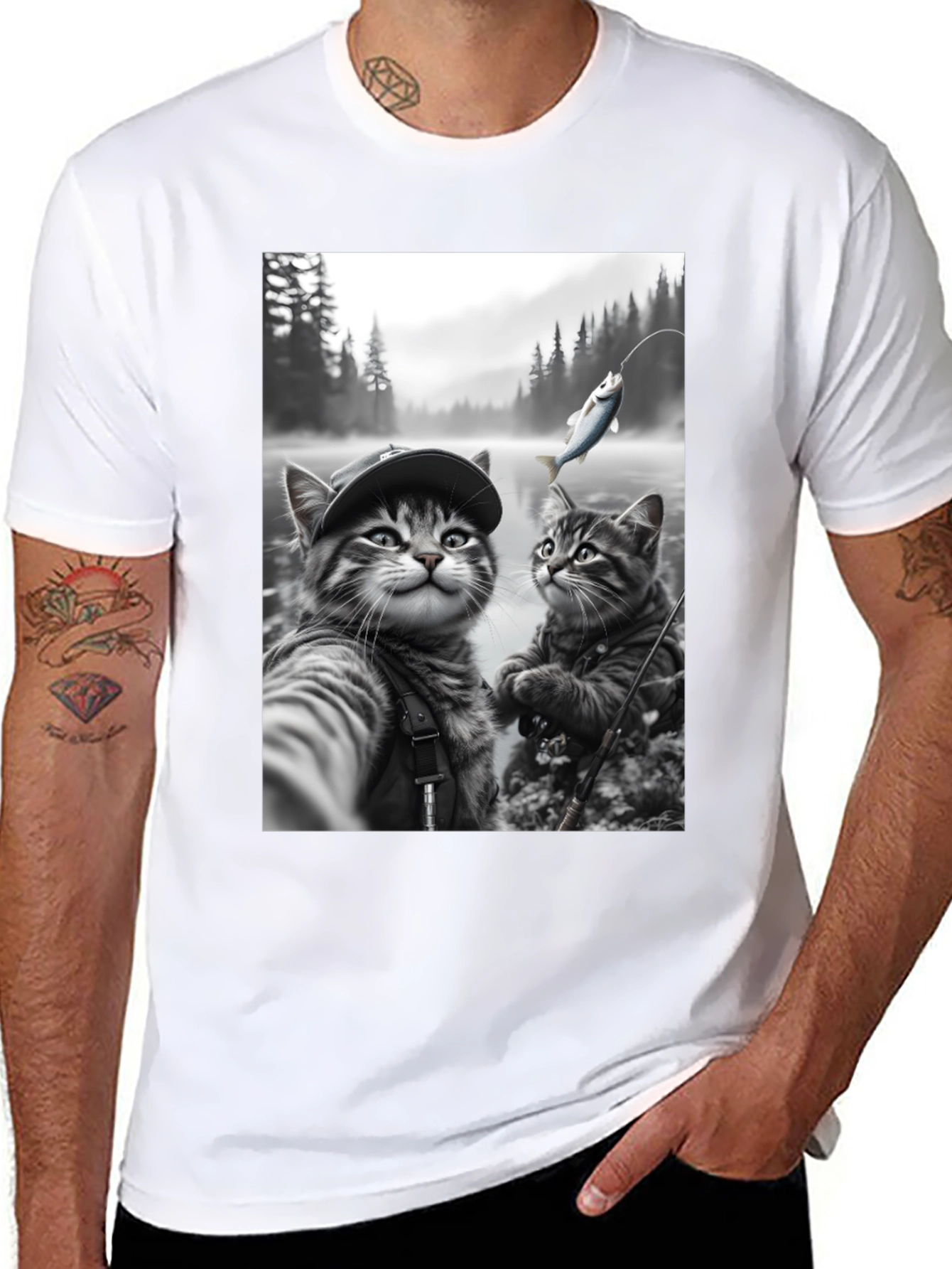 Fishing Cats Graphic Tee - Black Cotton Blend