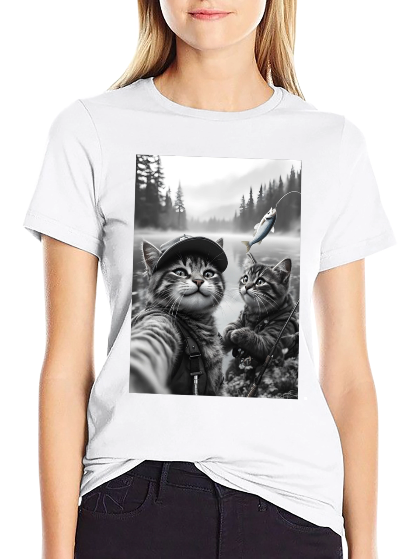 Fishing Cats Graphic Tee - Black Cotton Blend
