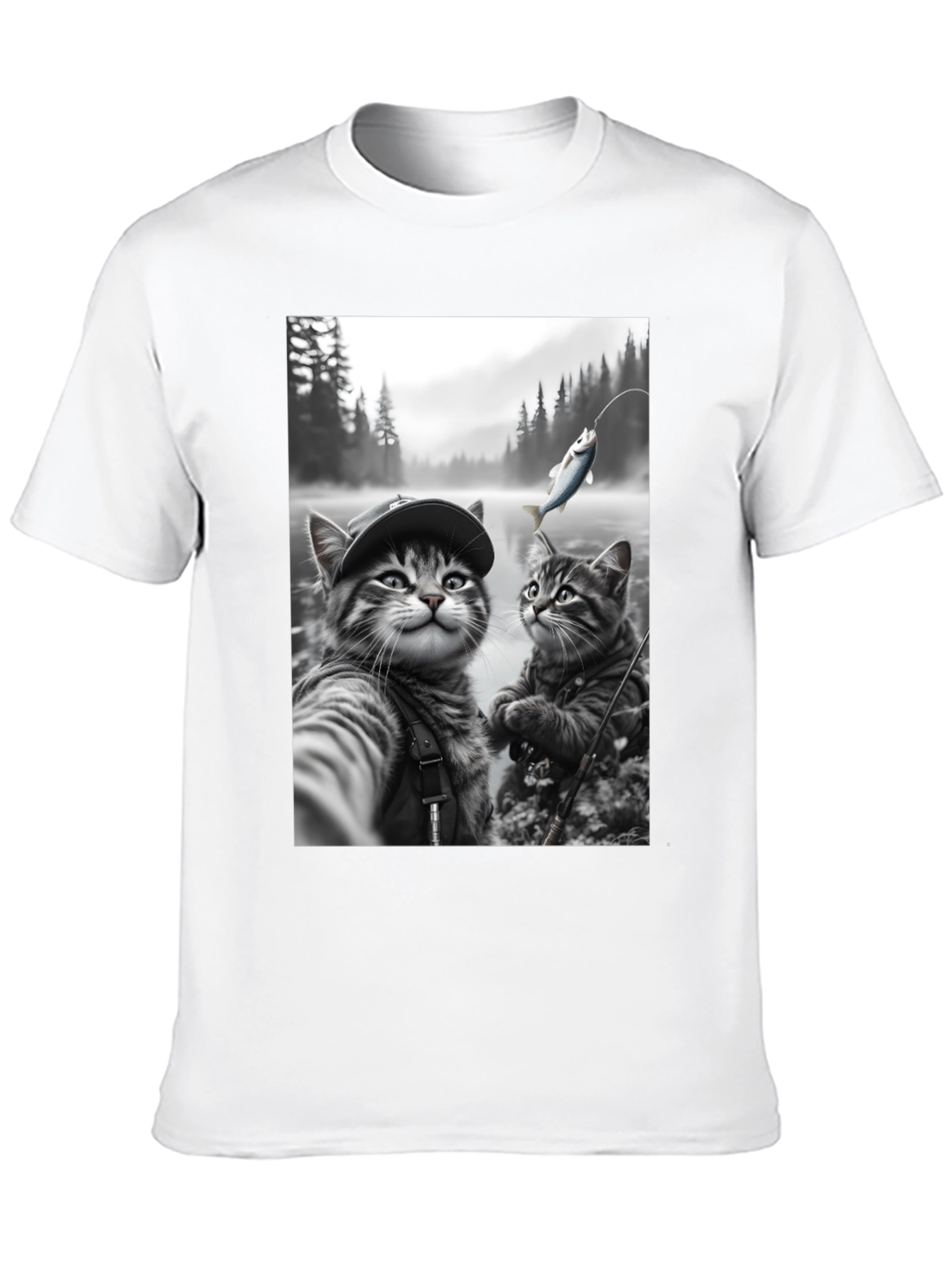 Fishing Cats Graphic Tee - Black Cotton Blend