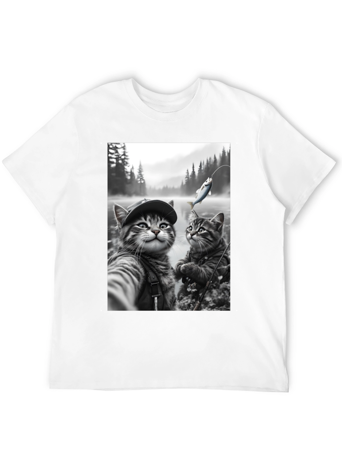 Fishing Cats Graphic Tee - Black Cotton Blend