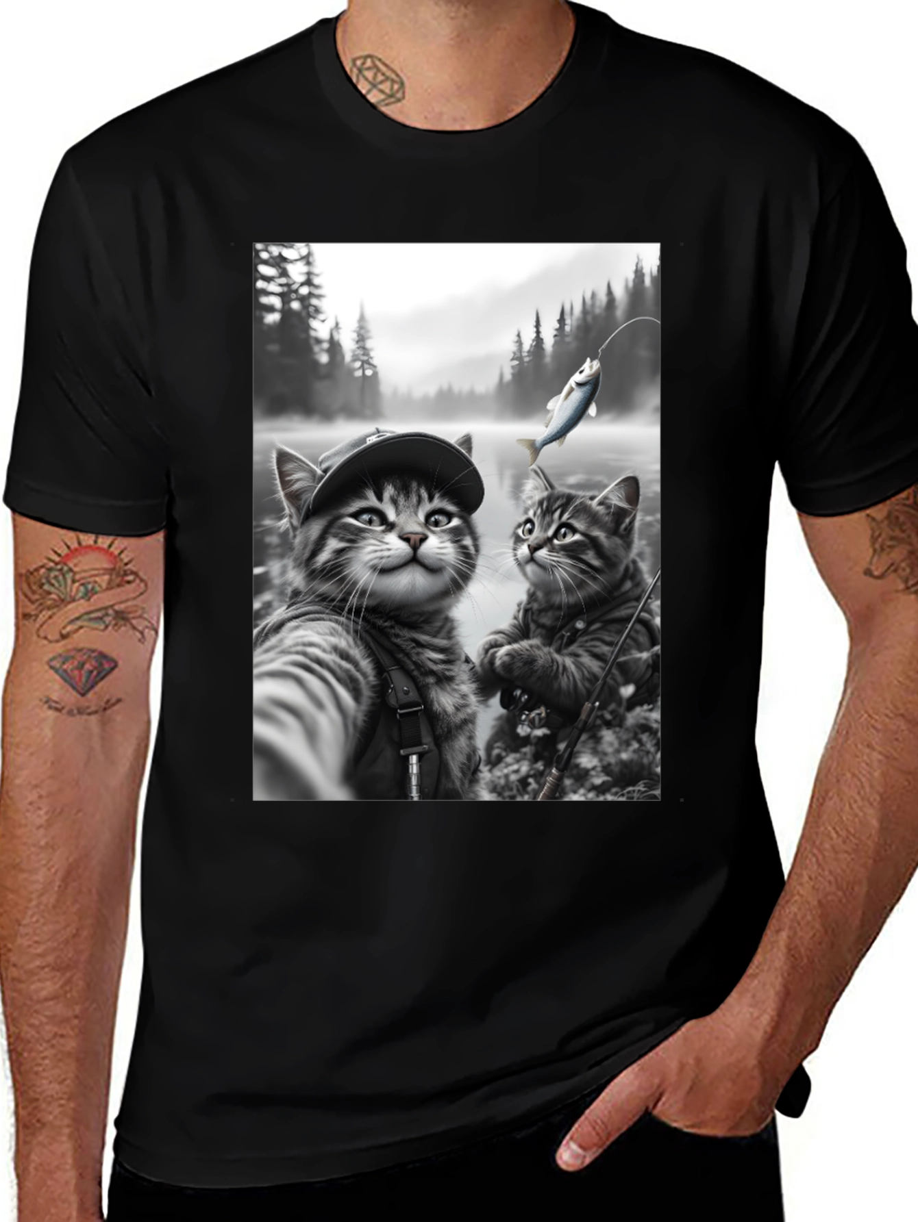 Fishing Cats Graphic Tee - Black Cotton Blend