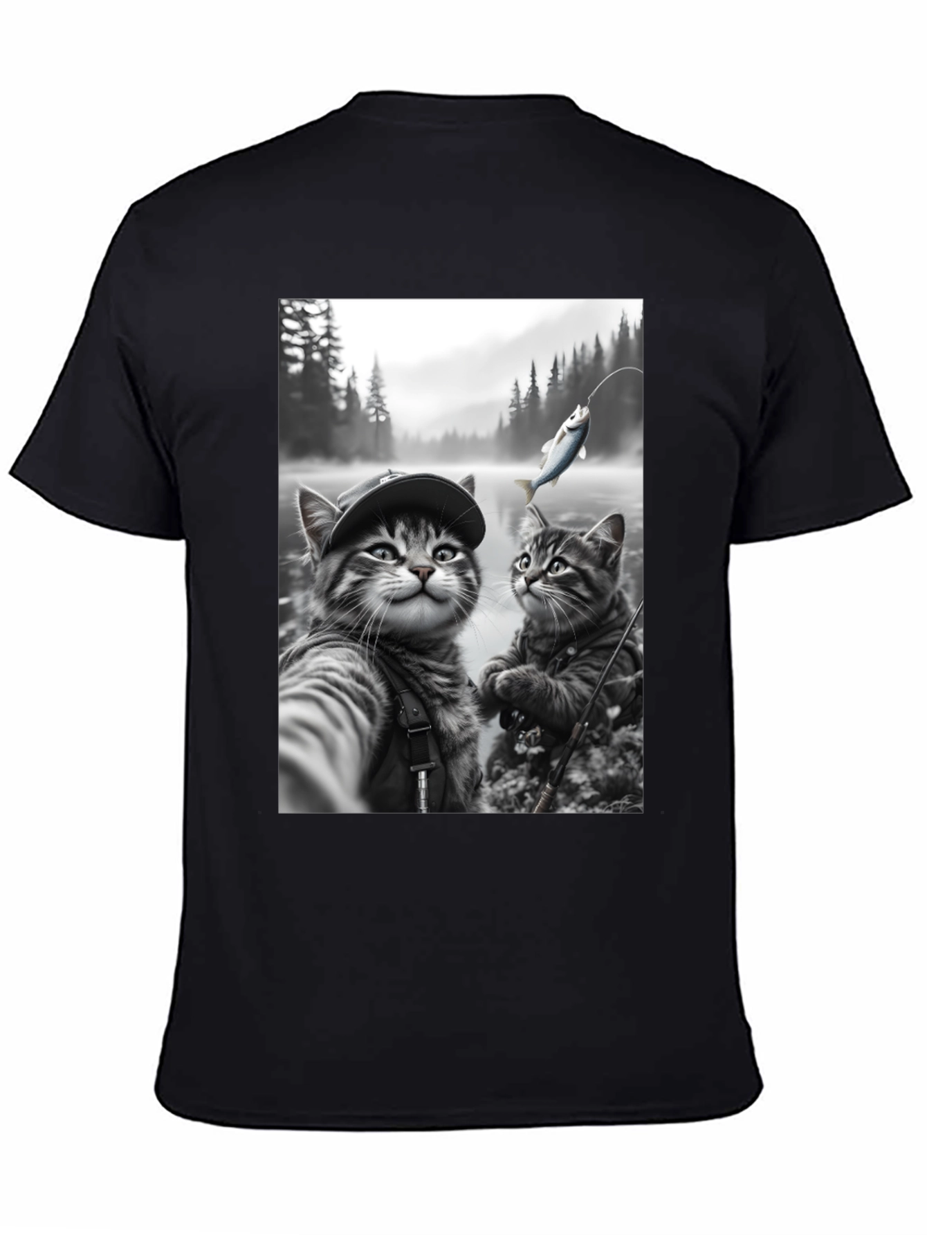 Fishing Cats Graphic Tee - Black Cotton Blend