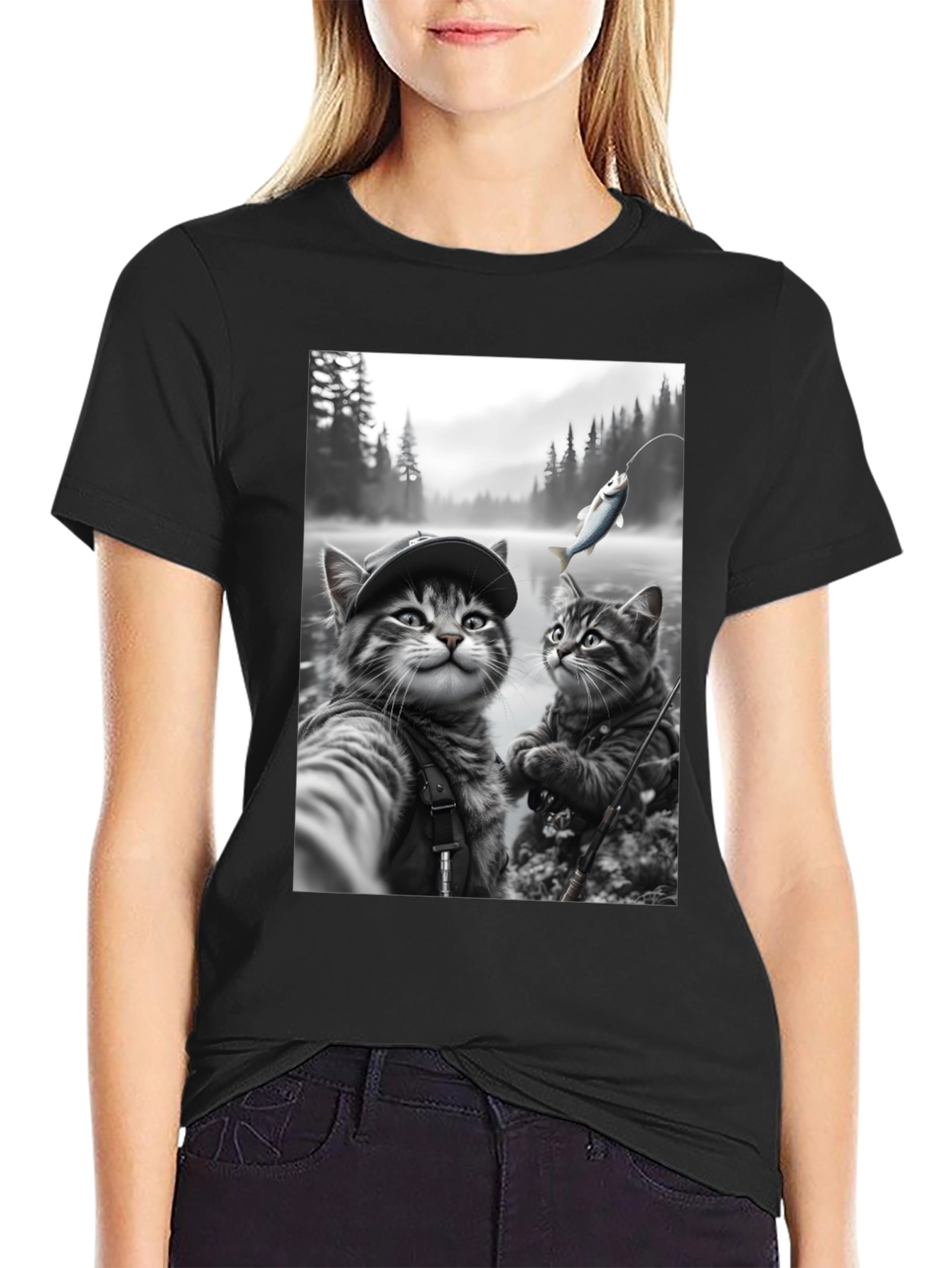 Fishing Cats Graphic Tee - Black Cotton Blend