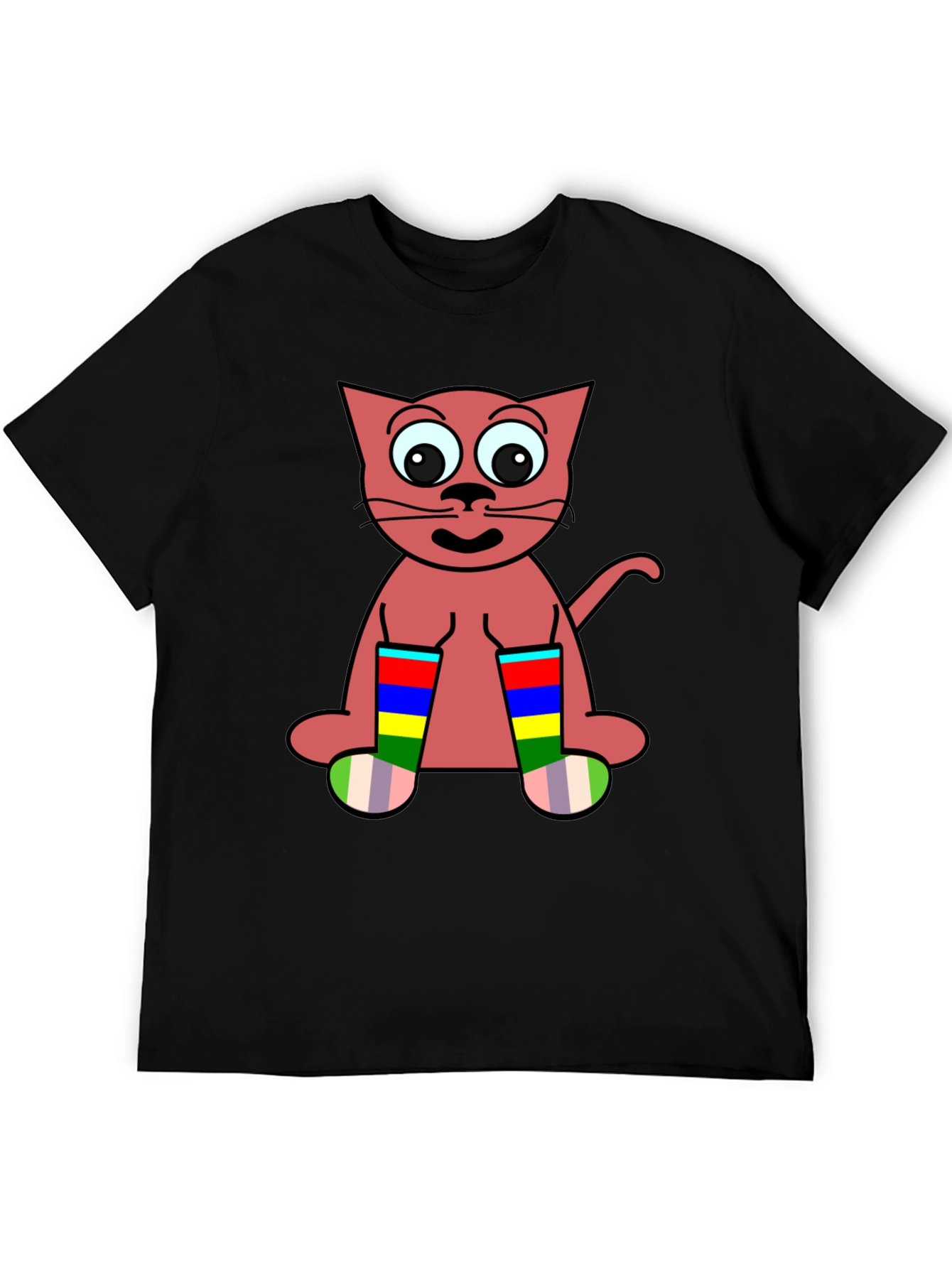 Cartoon Cat Rainbow Socks Black T-Shirt