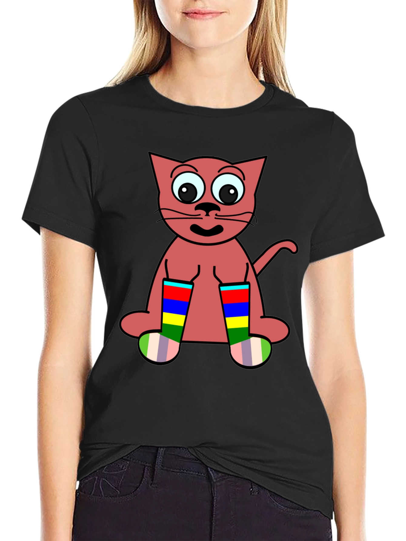 Cartoon Cat Rainbow Socks Black T-Shirt