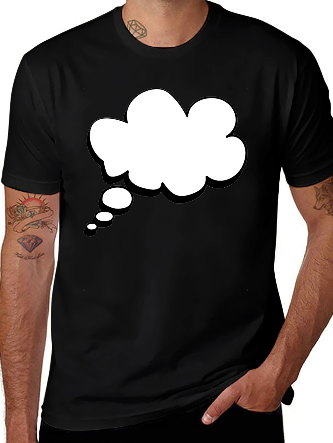 Black T-Shirt with White Thought Bubble Graphic