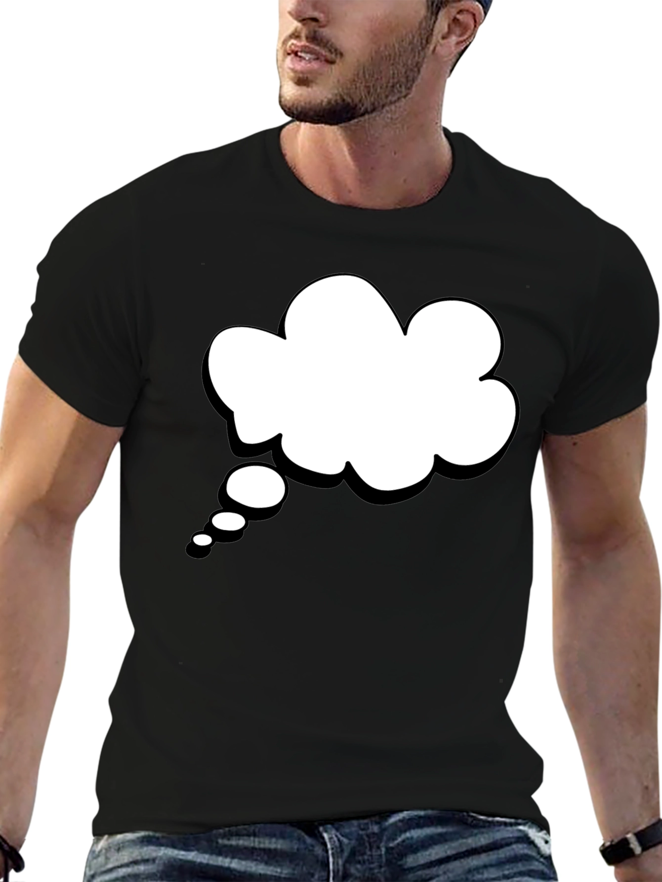 Black T-Shirt with White Thought Bubble Graphic