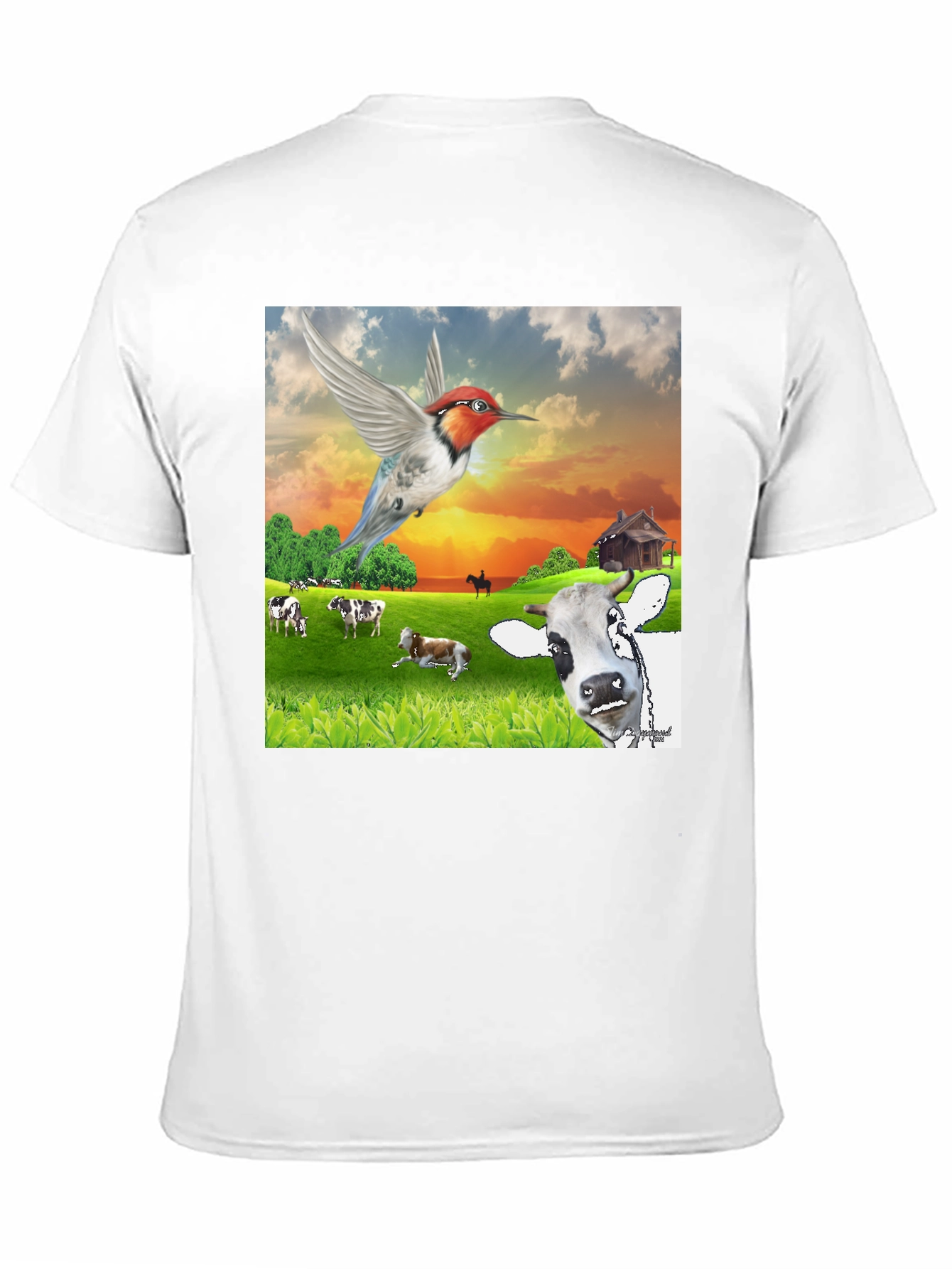 Hummingbird & Cow Farm T-Shirt - Unique Animal Design