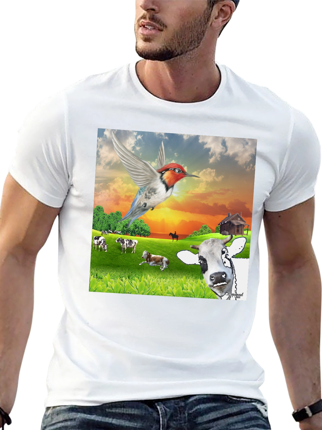 Hummingbird & Cow Farm T-Shirt - Unique Animal Design