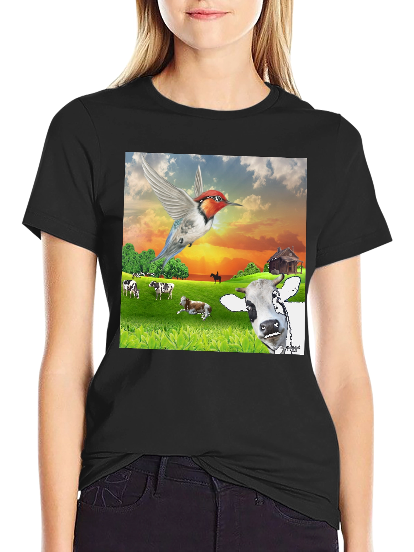 Hummingbird & Cow Farm T-Shirt - Unique Animal Design