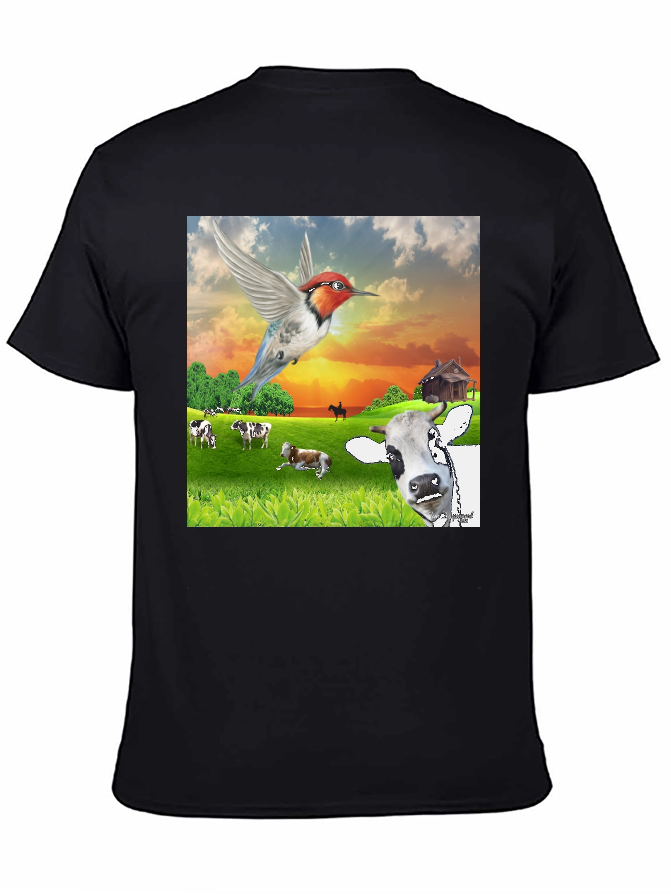 Hummingbird & Cow Farm T-Shirt - Unique Animal Design
