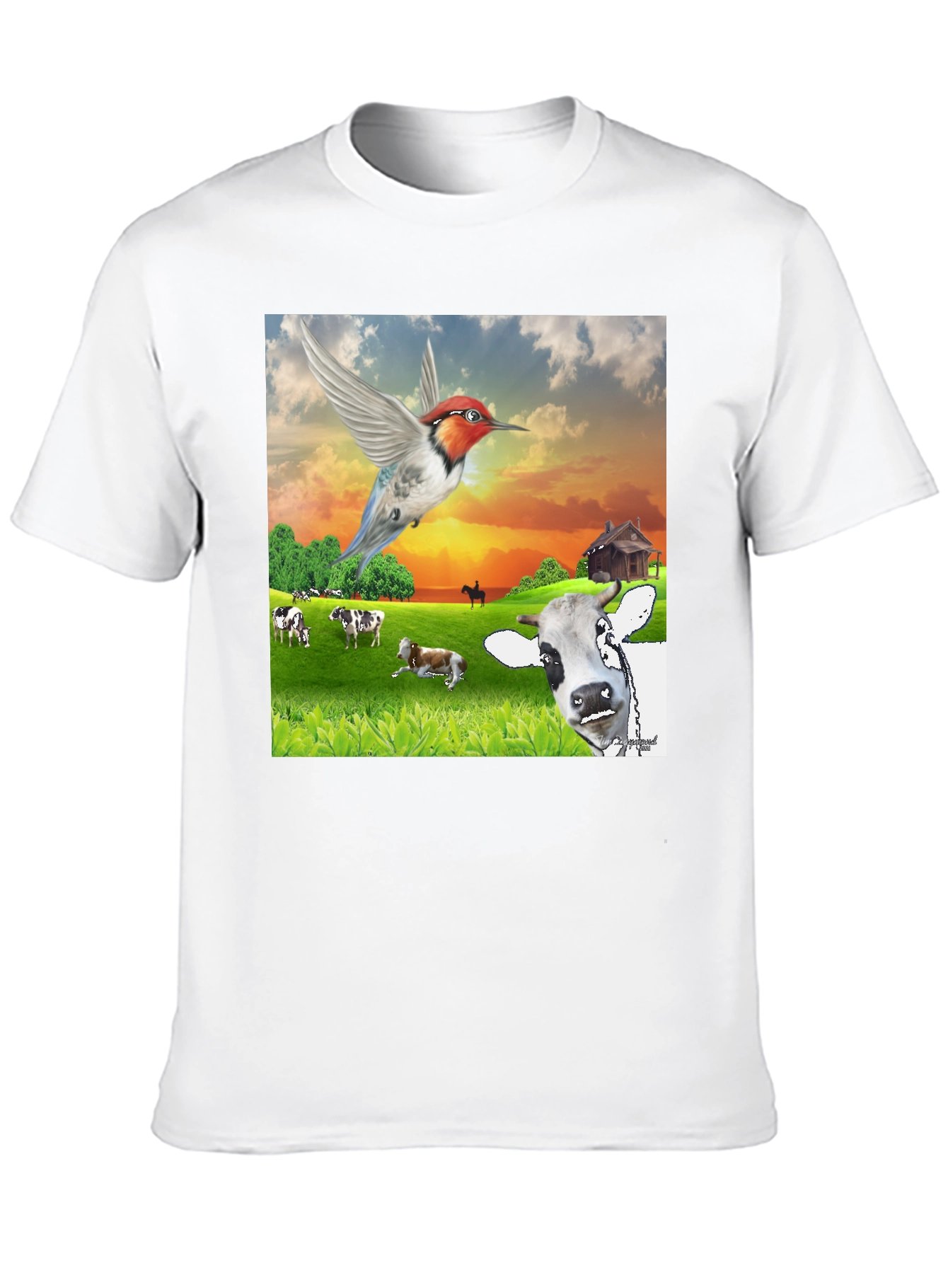 Hummingbird & Cow Farm T-Shirt - Unique Animal Design