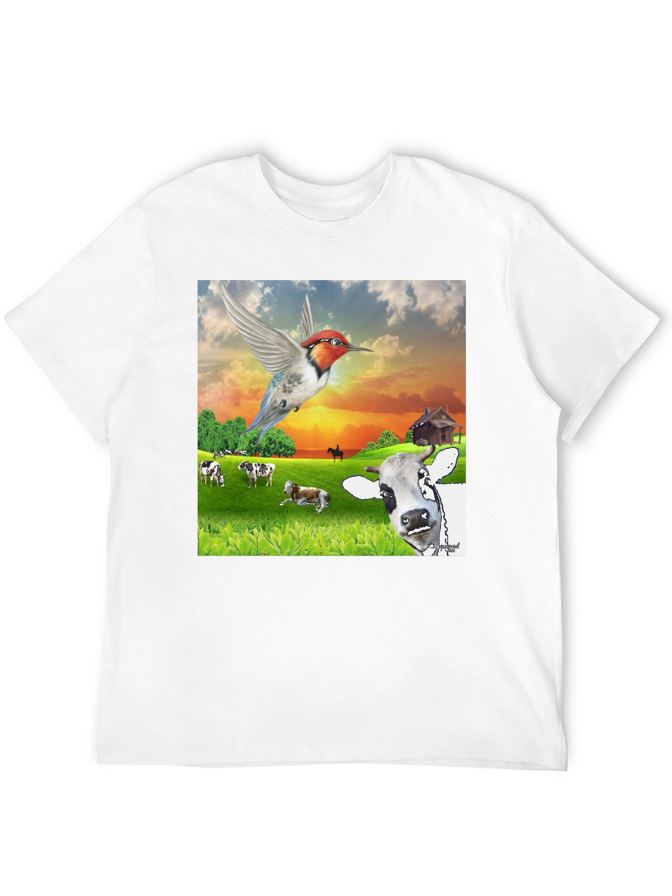 Hummingbird & Cow Farm T-Shirt - Unique Animal Design