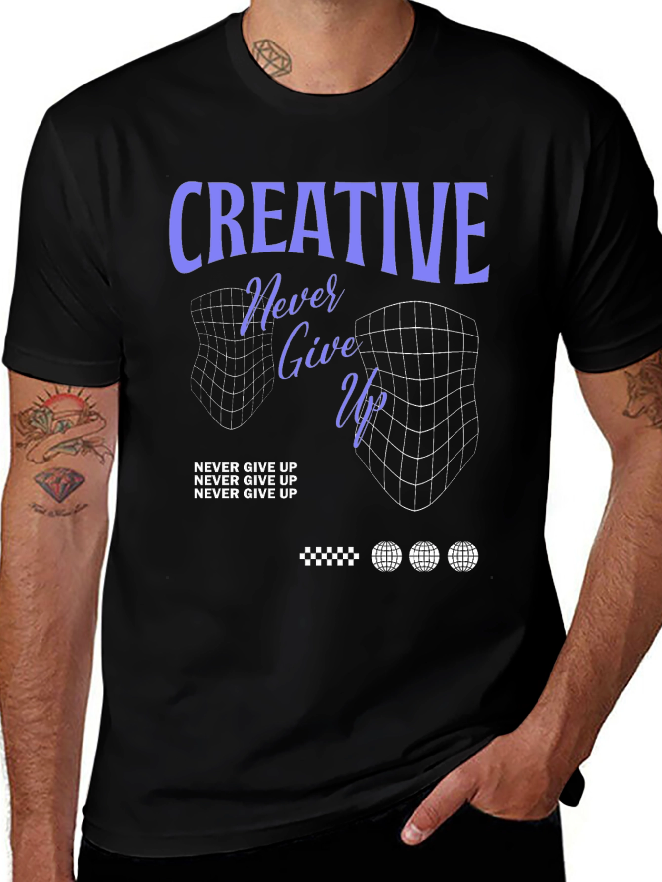 Creative Never Give Up Black Graphic T-Shirt