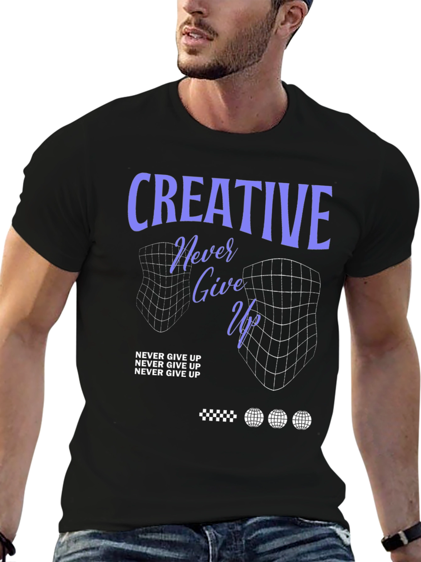 Creative Never Give Up Black Graphic T-Shirt