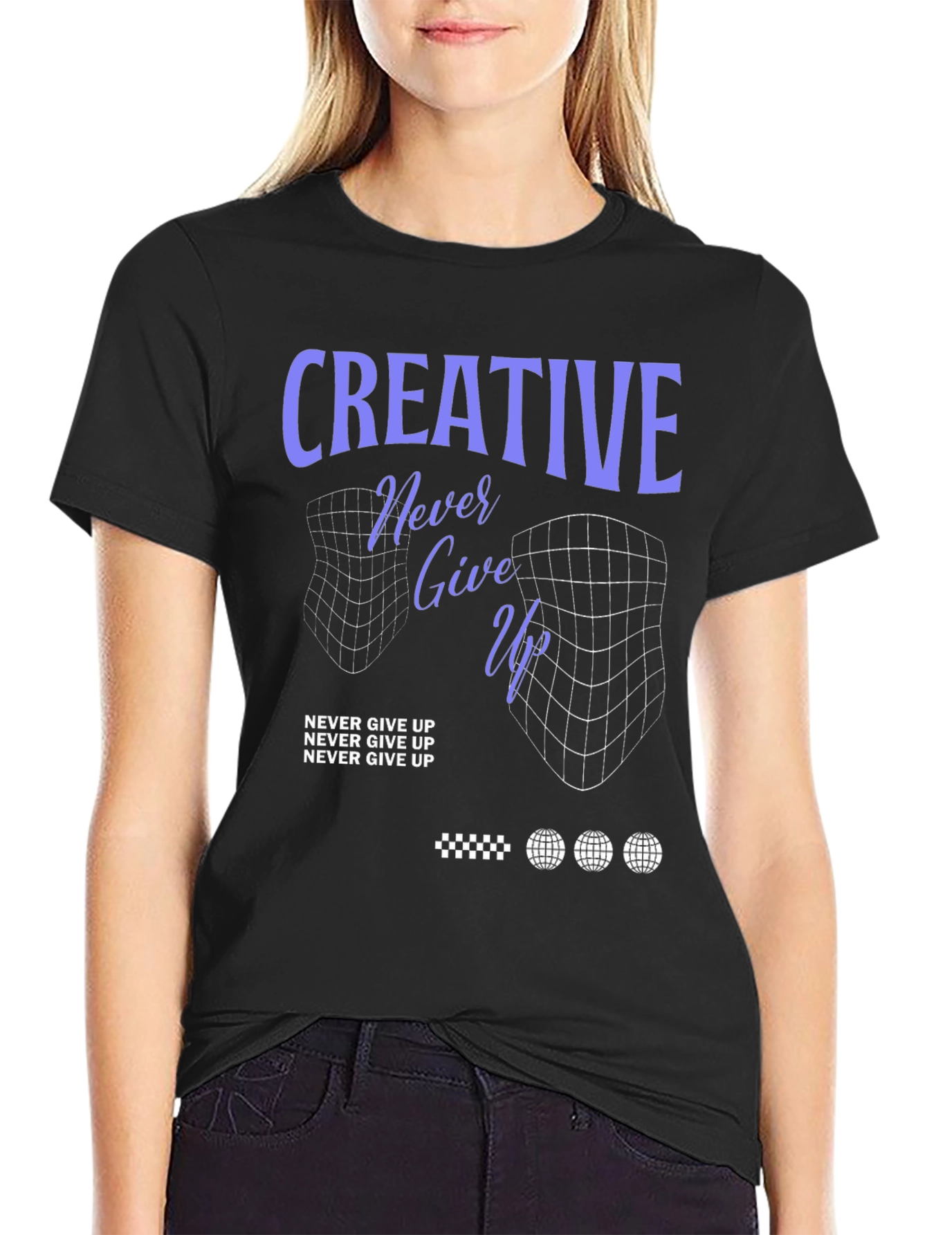Creative Never Give Up Black Graphic T-Shirt