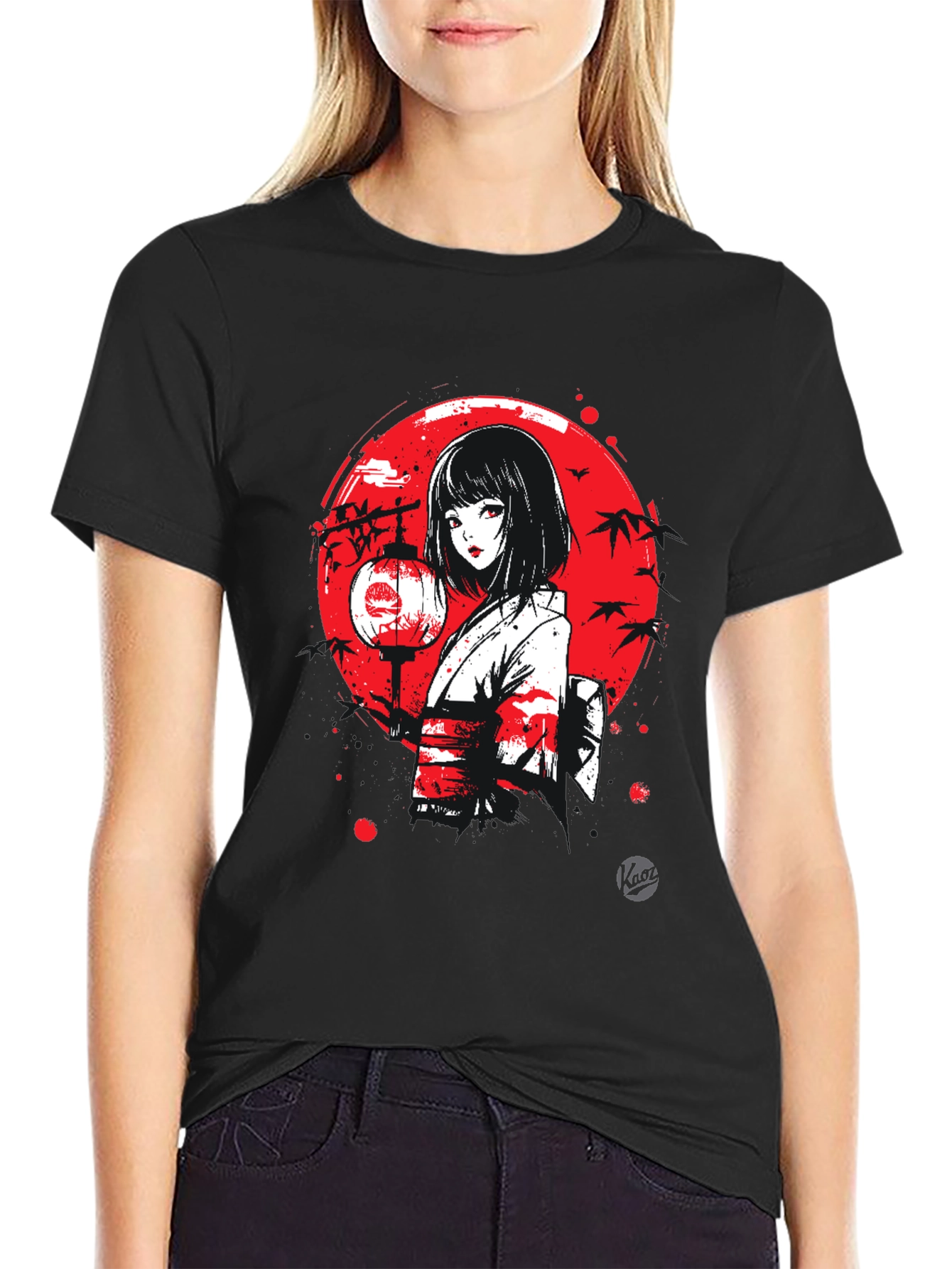 Anime Girl Lantern Graphic Black T-Shirt