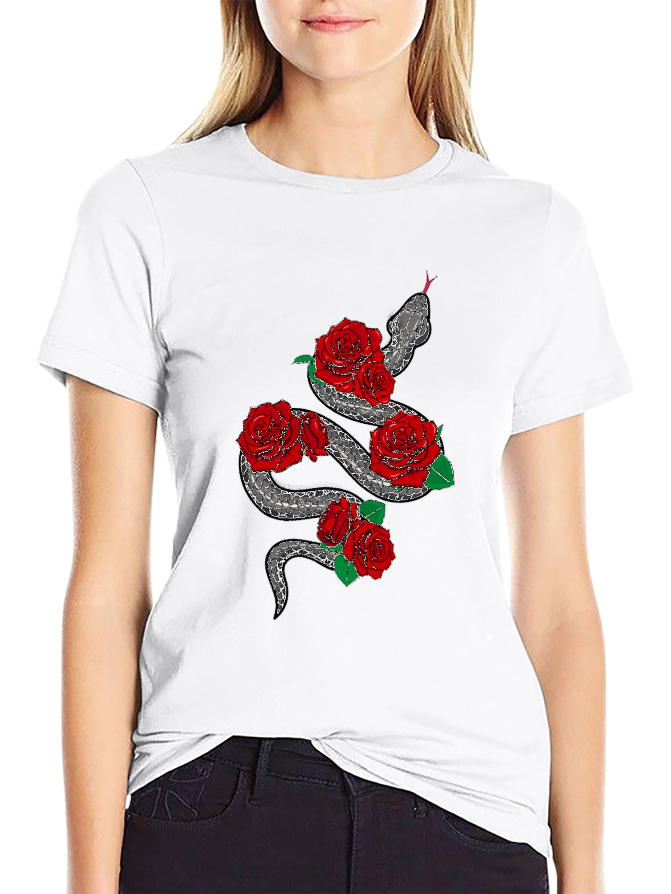 Snake and Roses Graphic Black T-Shirt