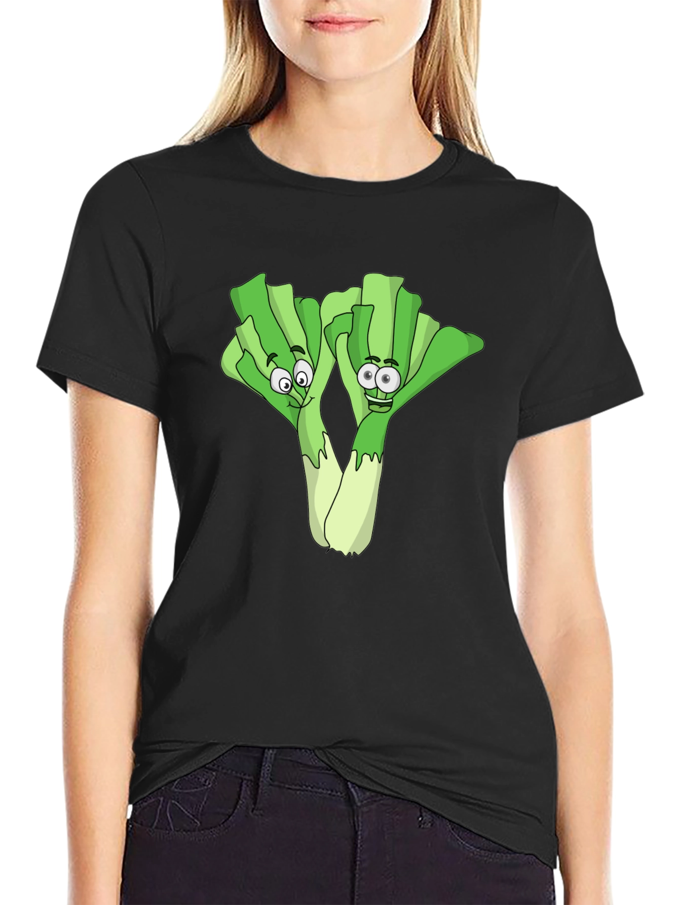 Funny Leek Cartoon Black T-Shirt