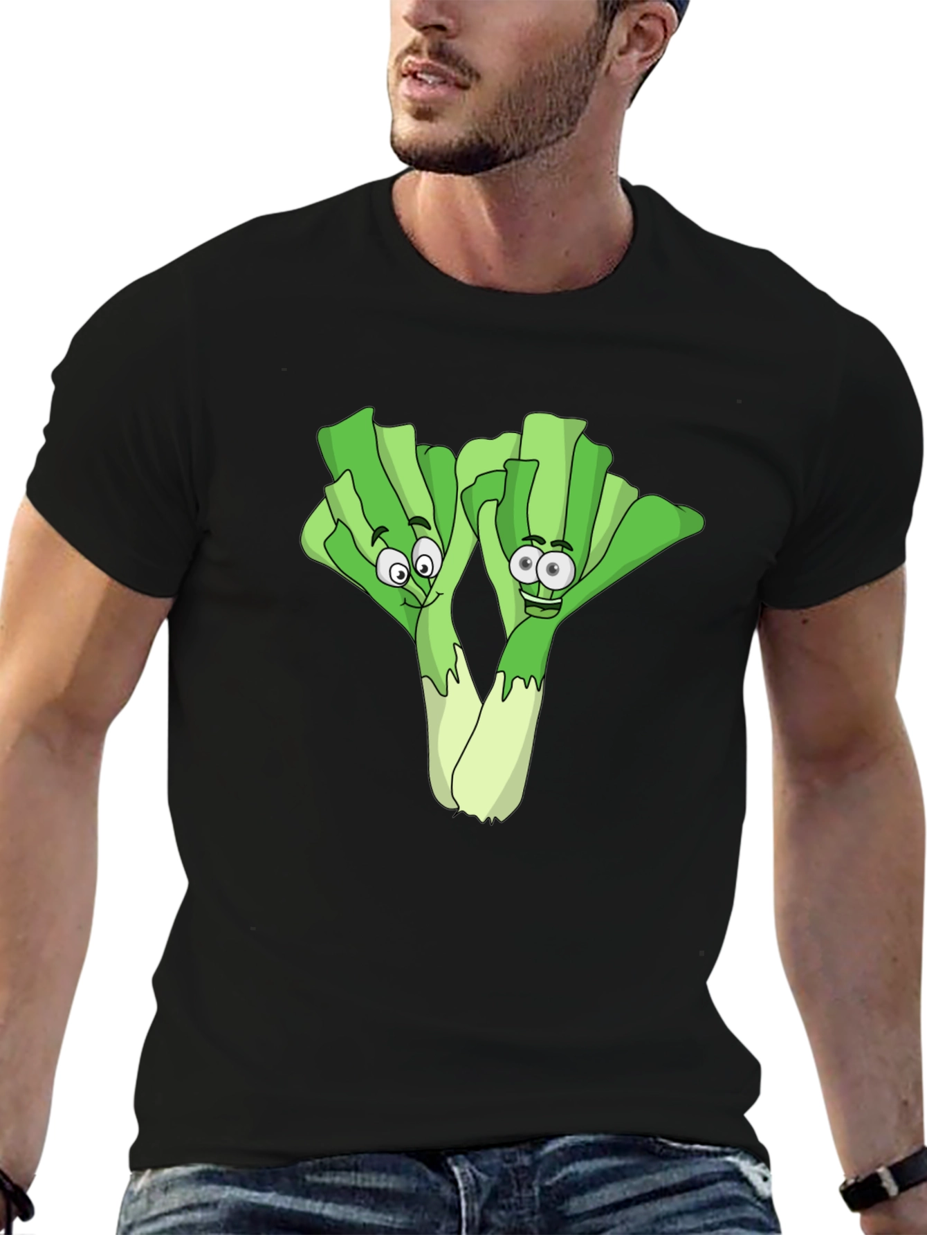 Funny Leek Cartoon Black T-Shirt