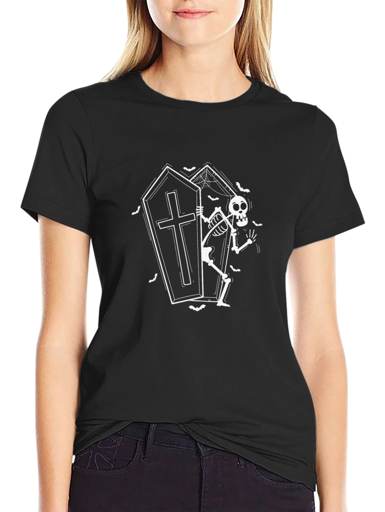 Spooky Skeleton Coffin Graphic Tee - Halloween Ready