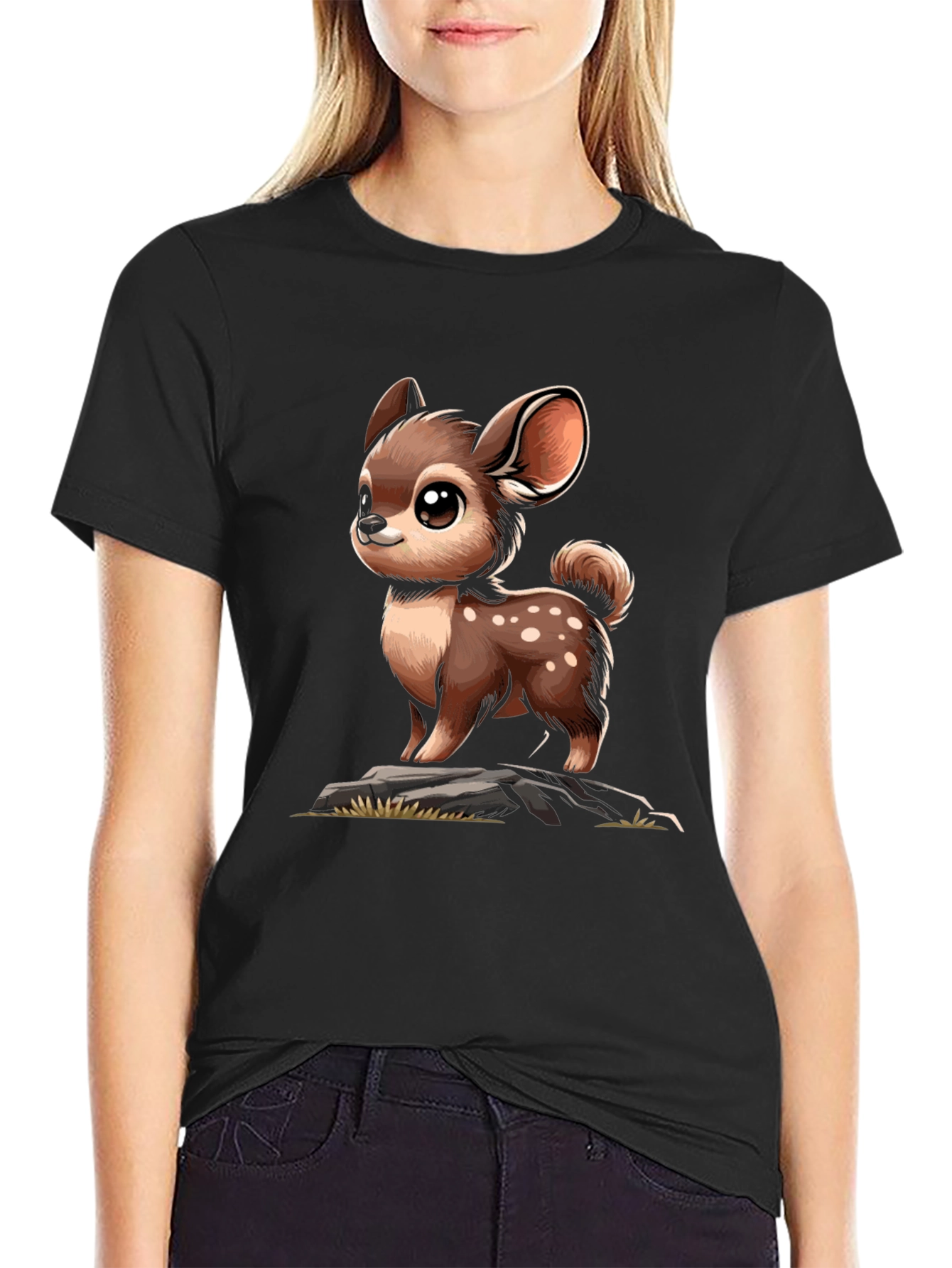 Cute Deer Cartoon Graphic Black T-Shirt
