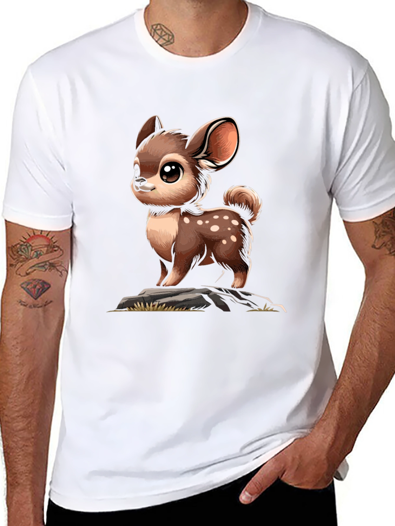 Cute Deer Cartoon Graphic Black T-Shirt