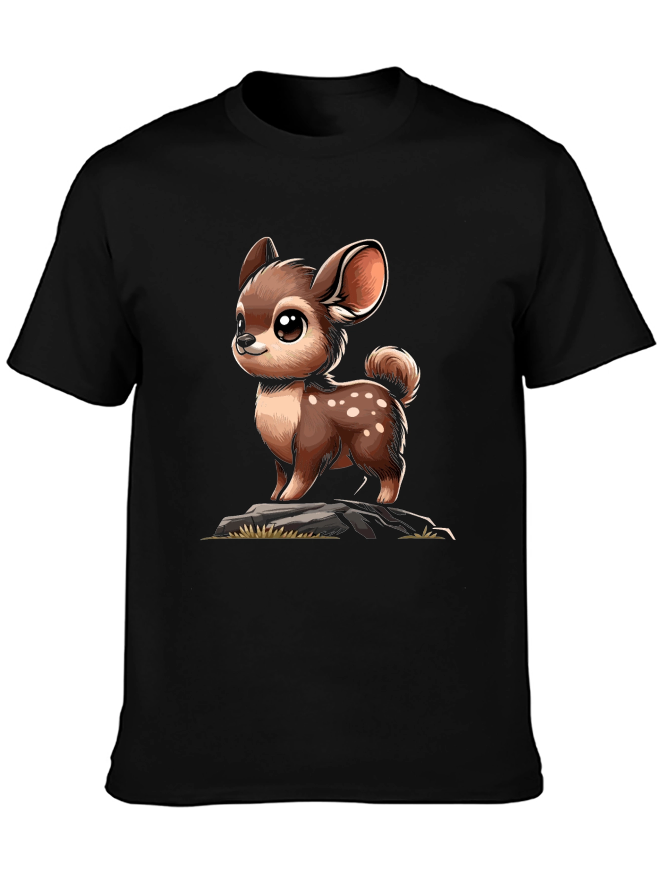 Cute Deer Cartoon Graphic Black T-Shirt