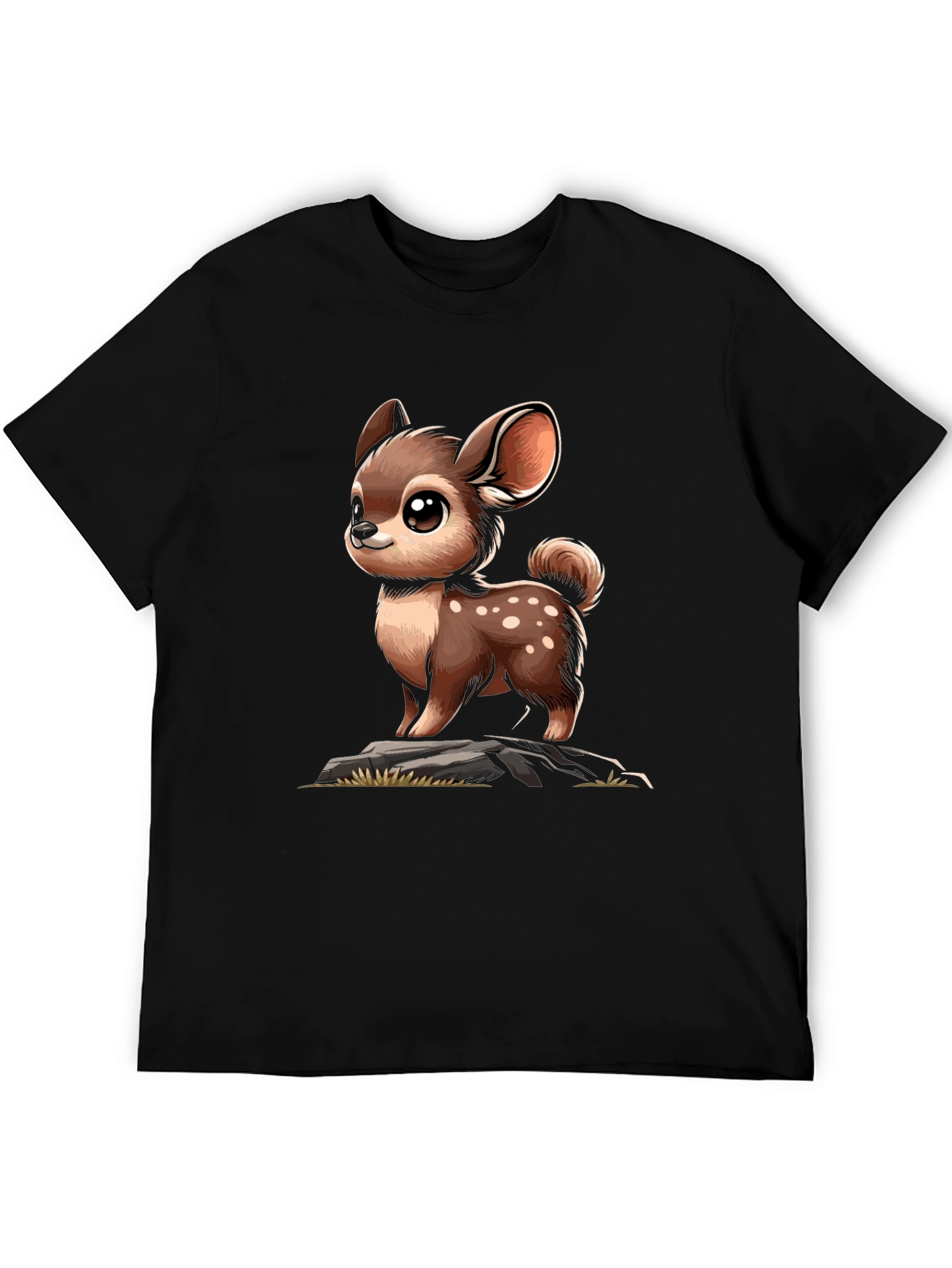 Cute Deer Cartoon Graphic Black T-Shirt
