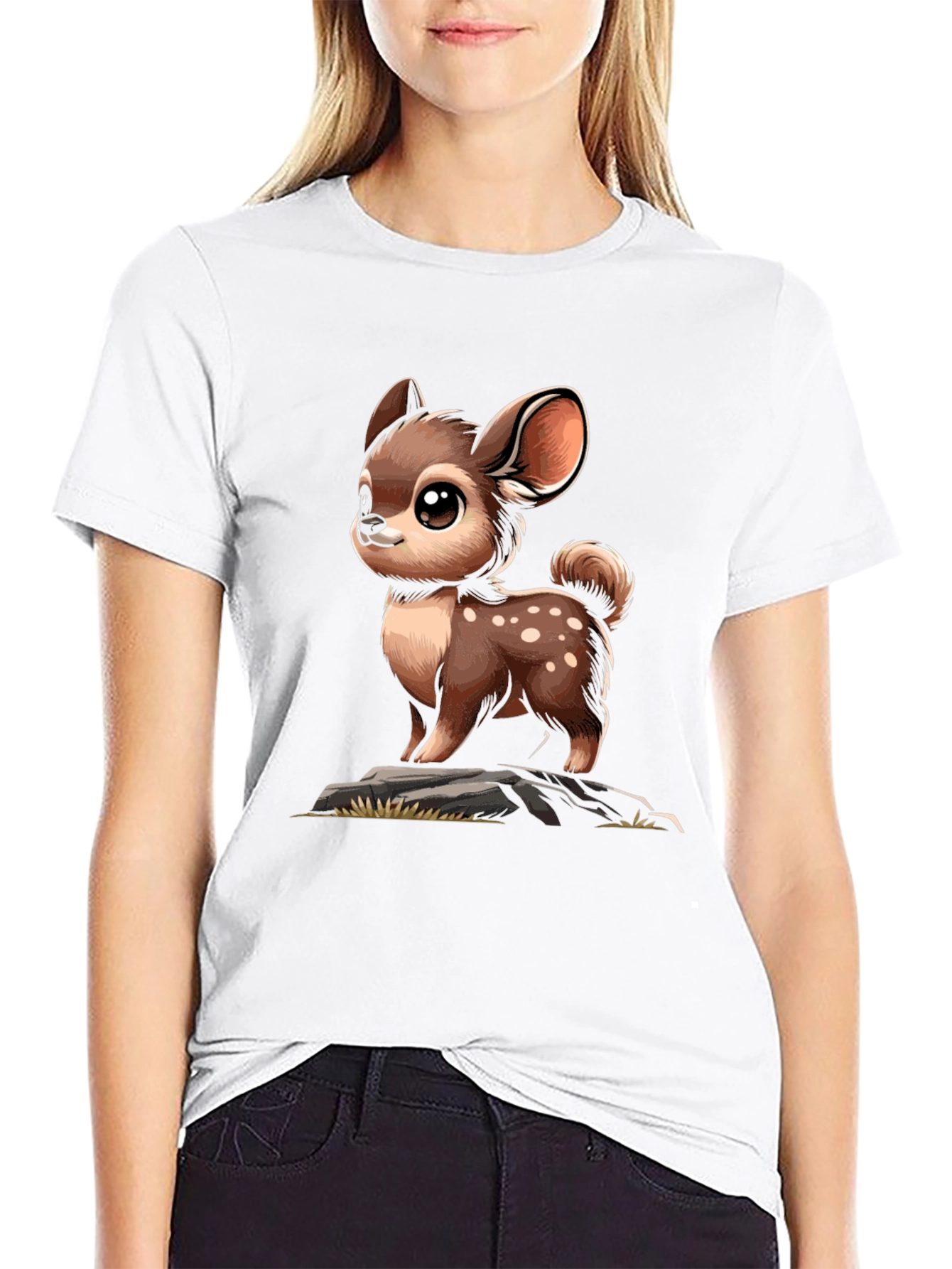 Cute Deer Cartoon Graphic Black T-Shirt