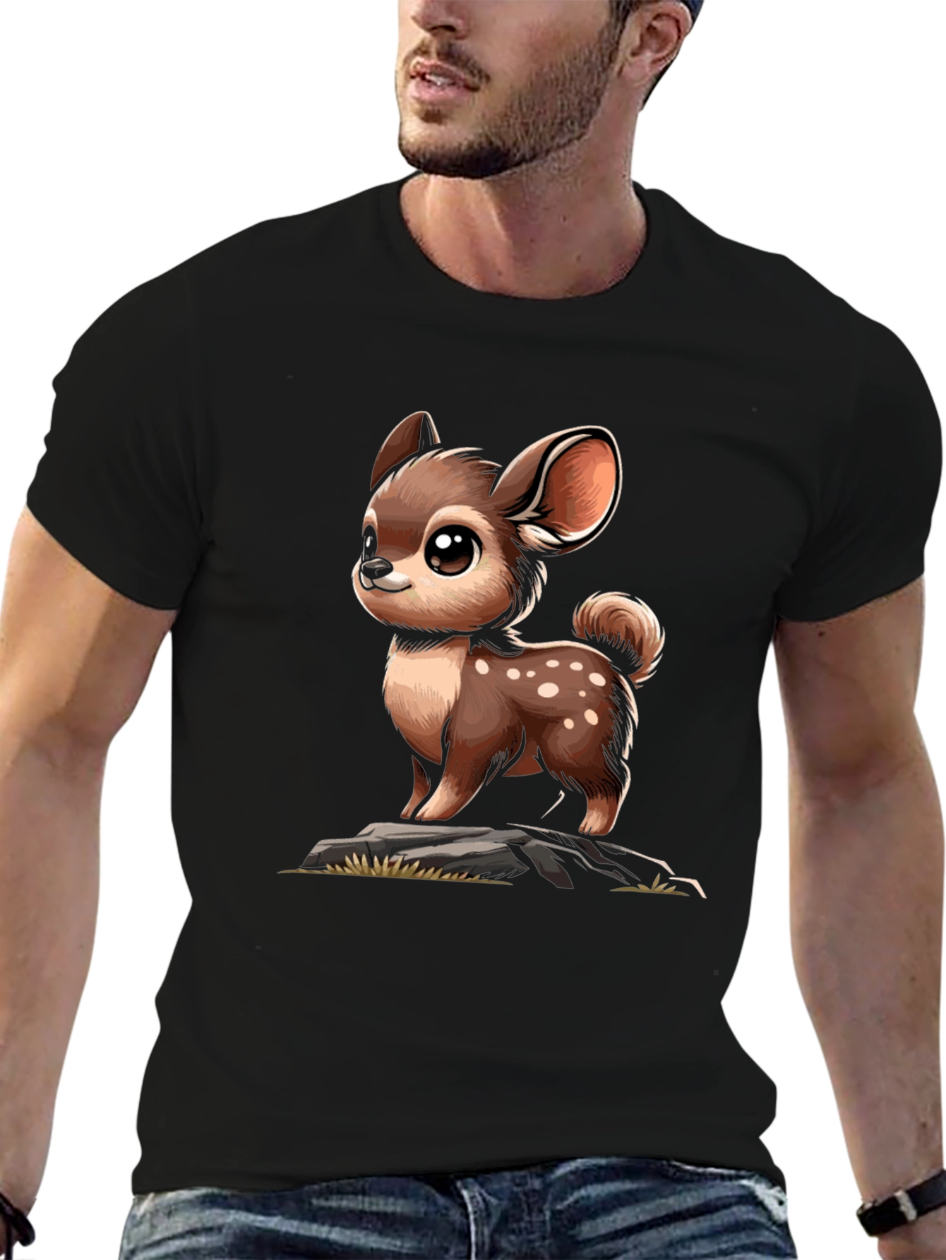 Cute Deer Cartoon Graphic Black T-Shirt