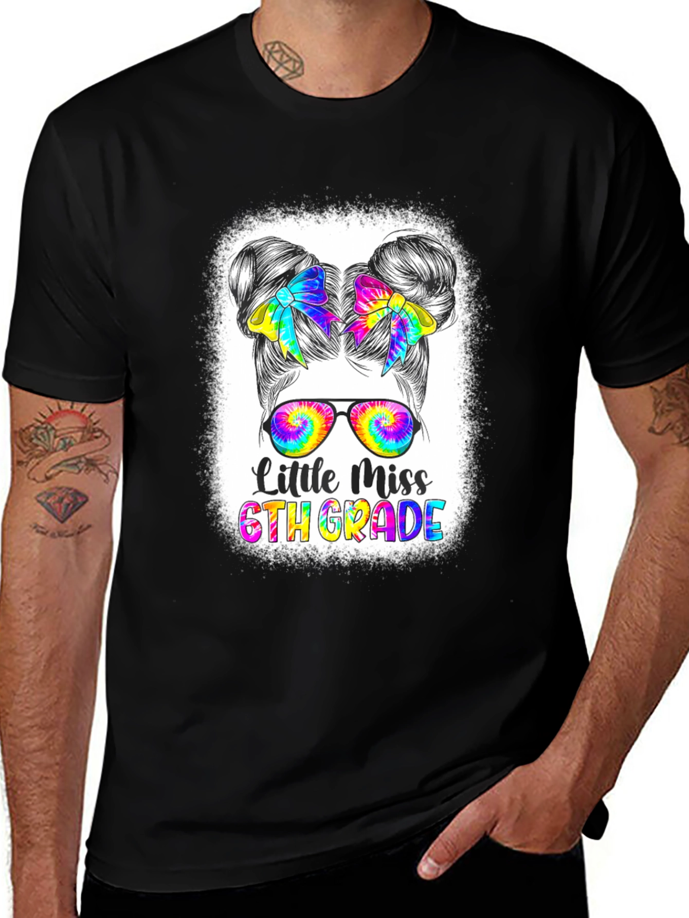 Little Miss 6th Grade Tie-Dye Messy Bun T-Shirt
