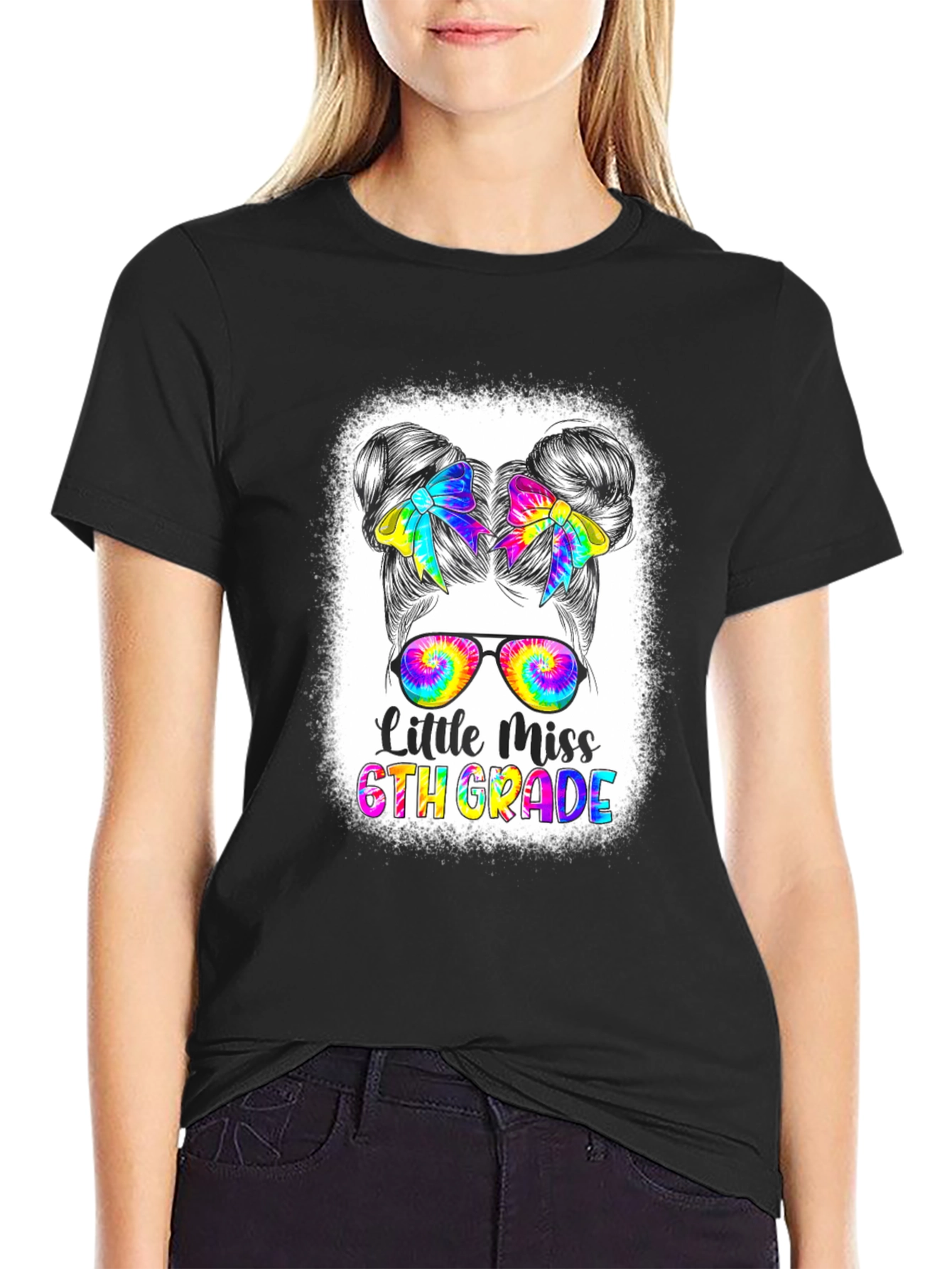 Little Miss 6th Grade Tie-Dye Messy Bun T-Shirt