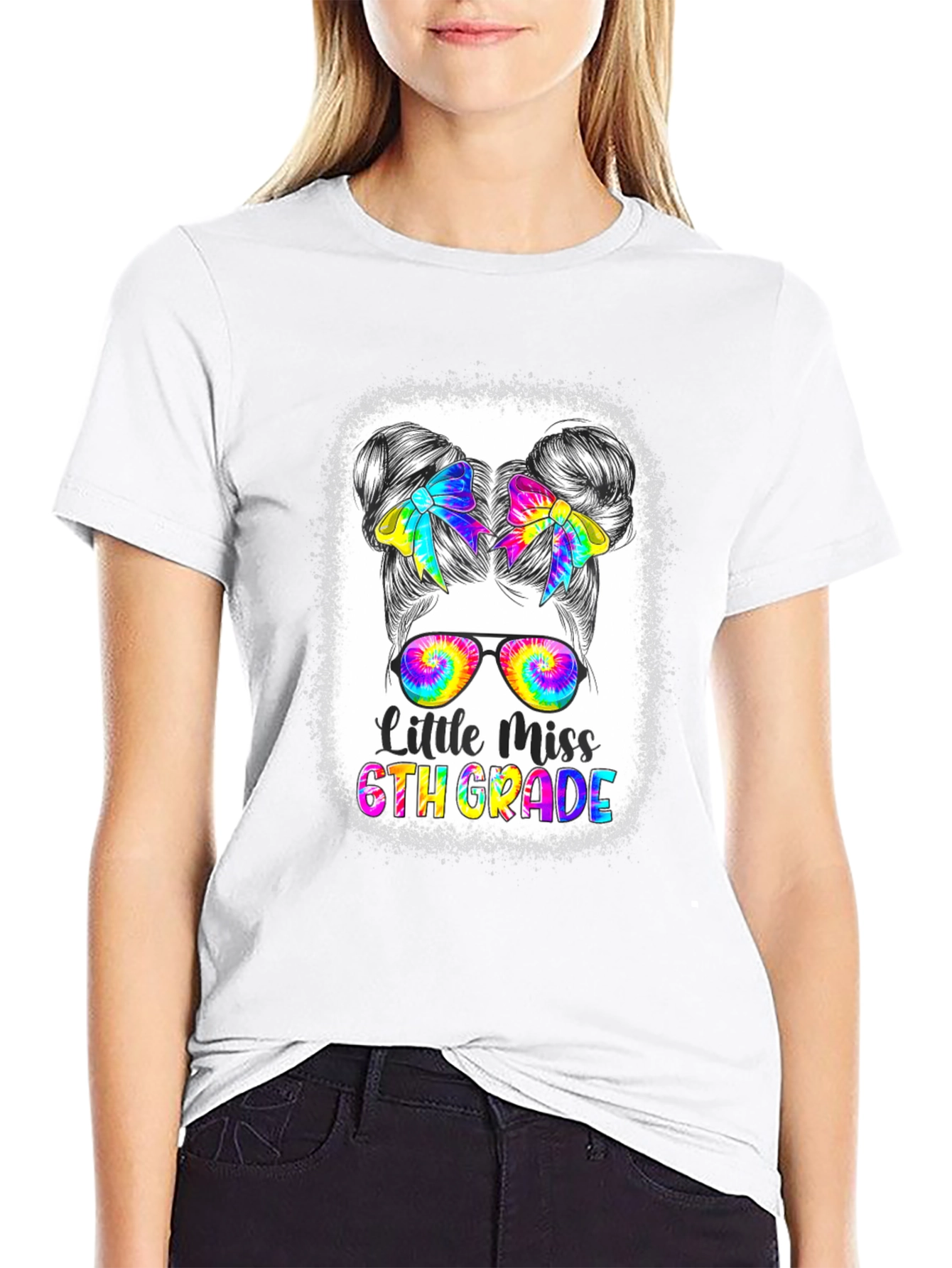 Little Miss 6th Grade Tie-Dye Messy Bun T-Shirt