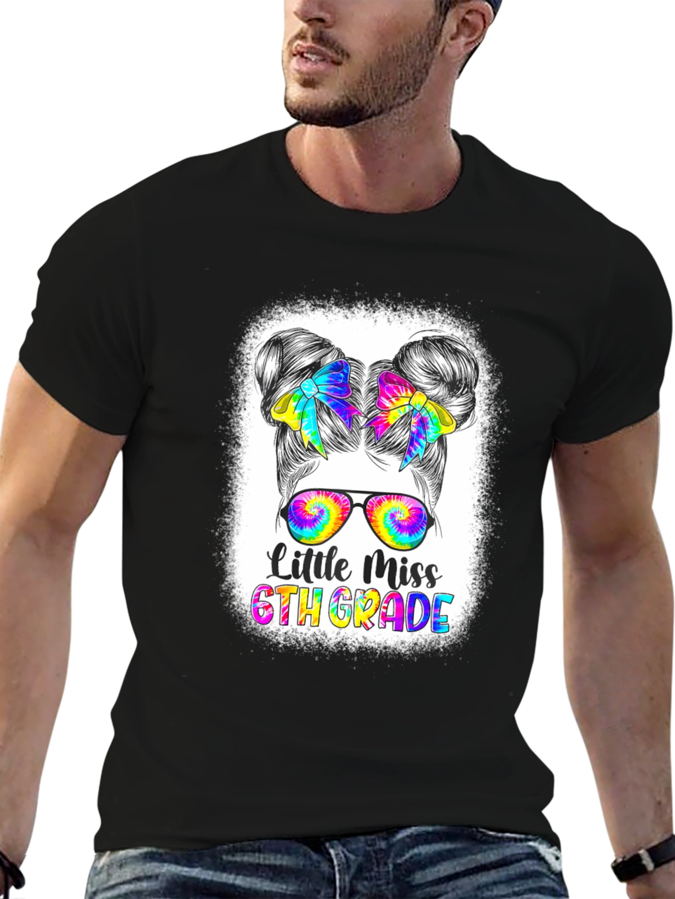 Little Miss 6th Grade Tie-Dye Messy Bun T-Shirt