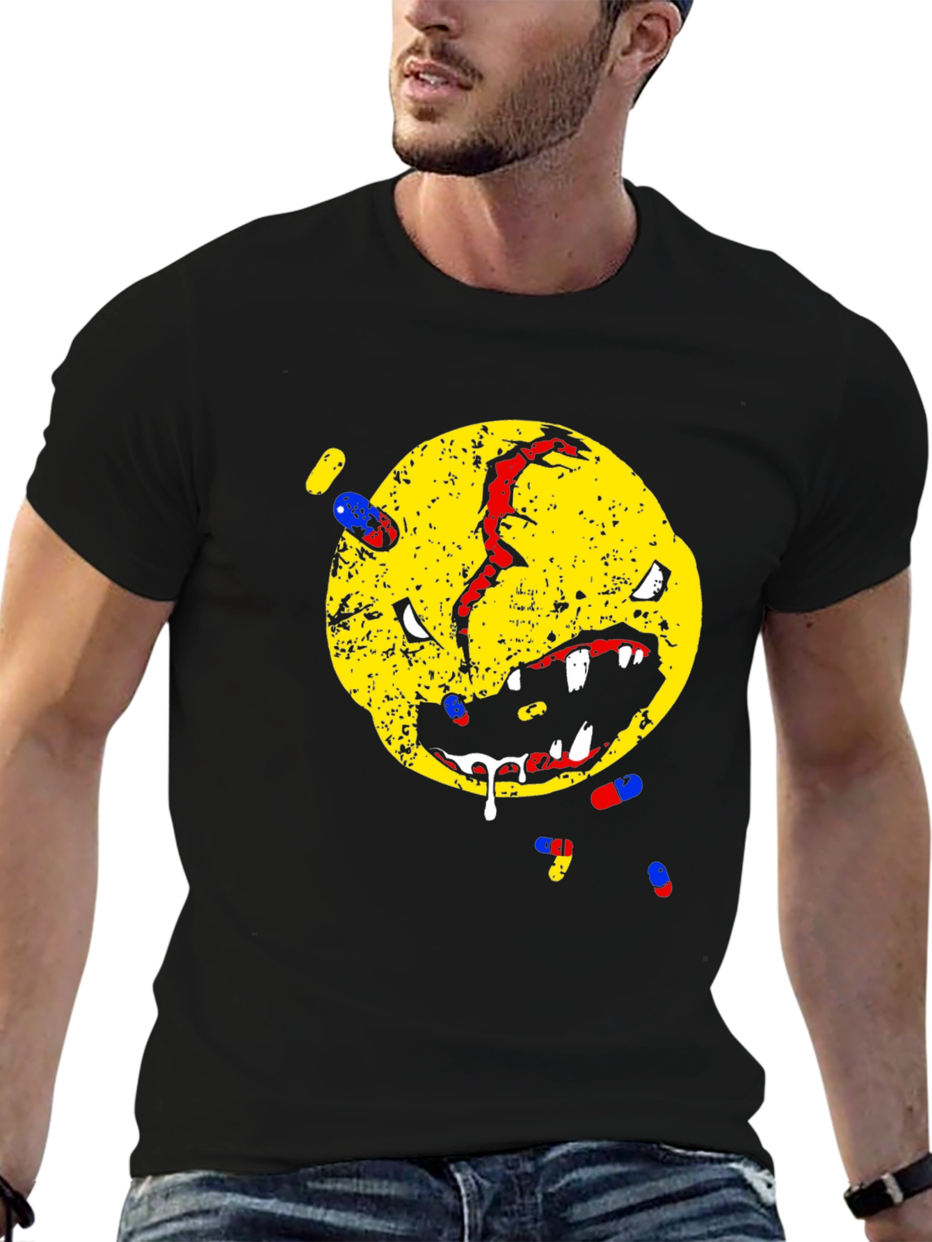 Distressed Smiley Face T-Shirt - Pill Graphic Tee