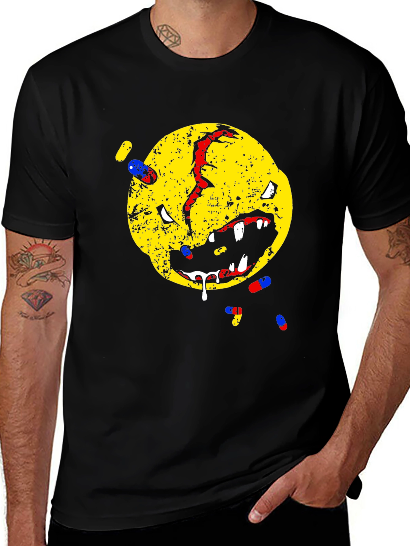 Distressed Smiley Face T-Shirt - Pill Graphic Tee