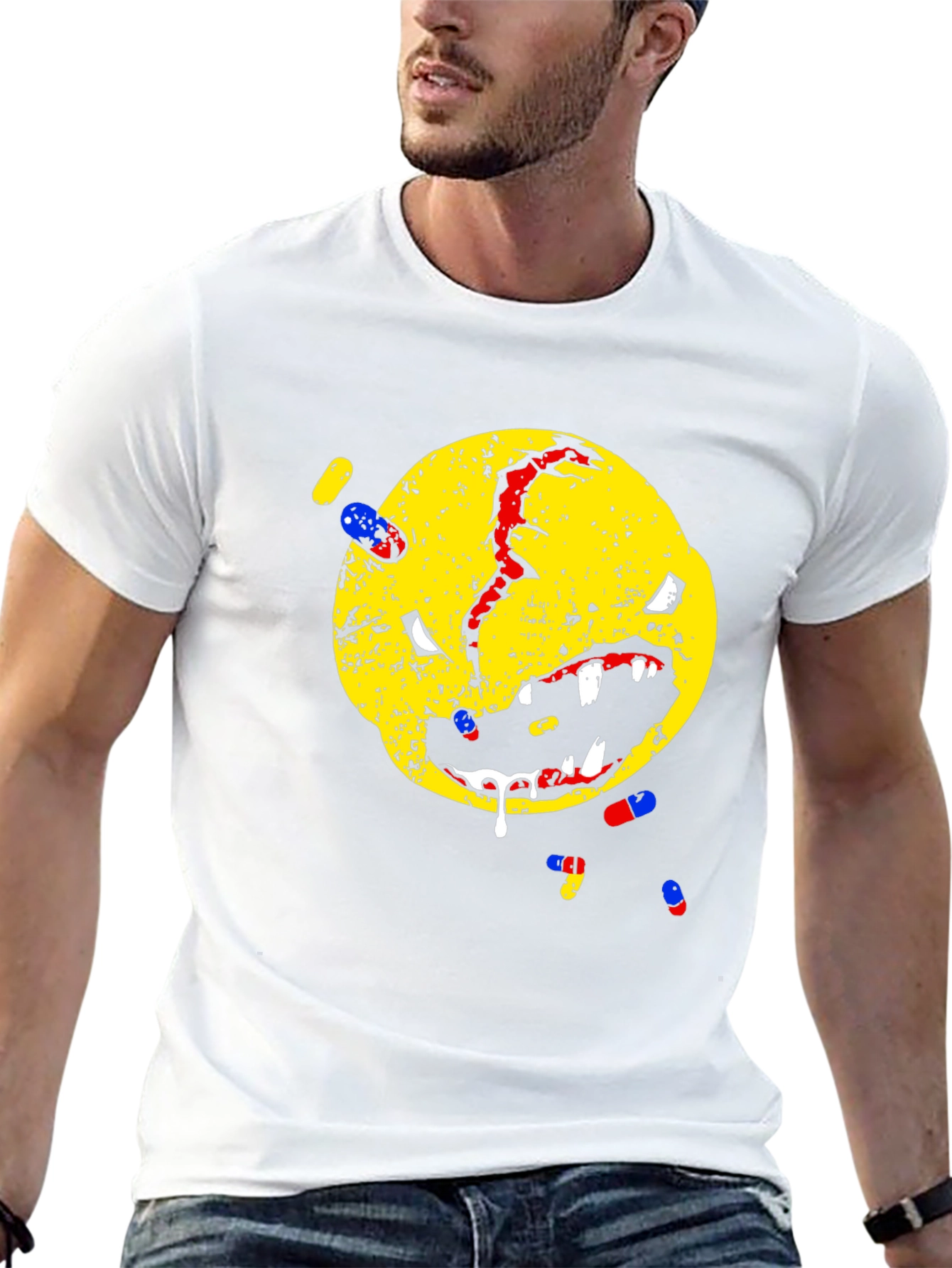 Distressed Smiley Face T-Shirt - Pill Graphic Tee