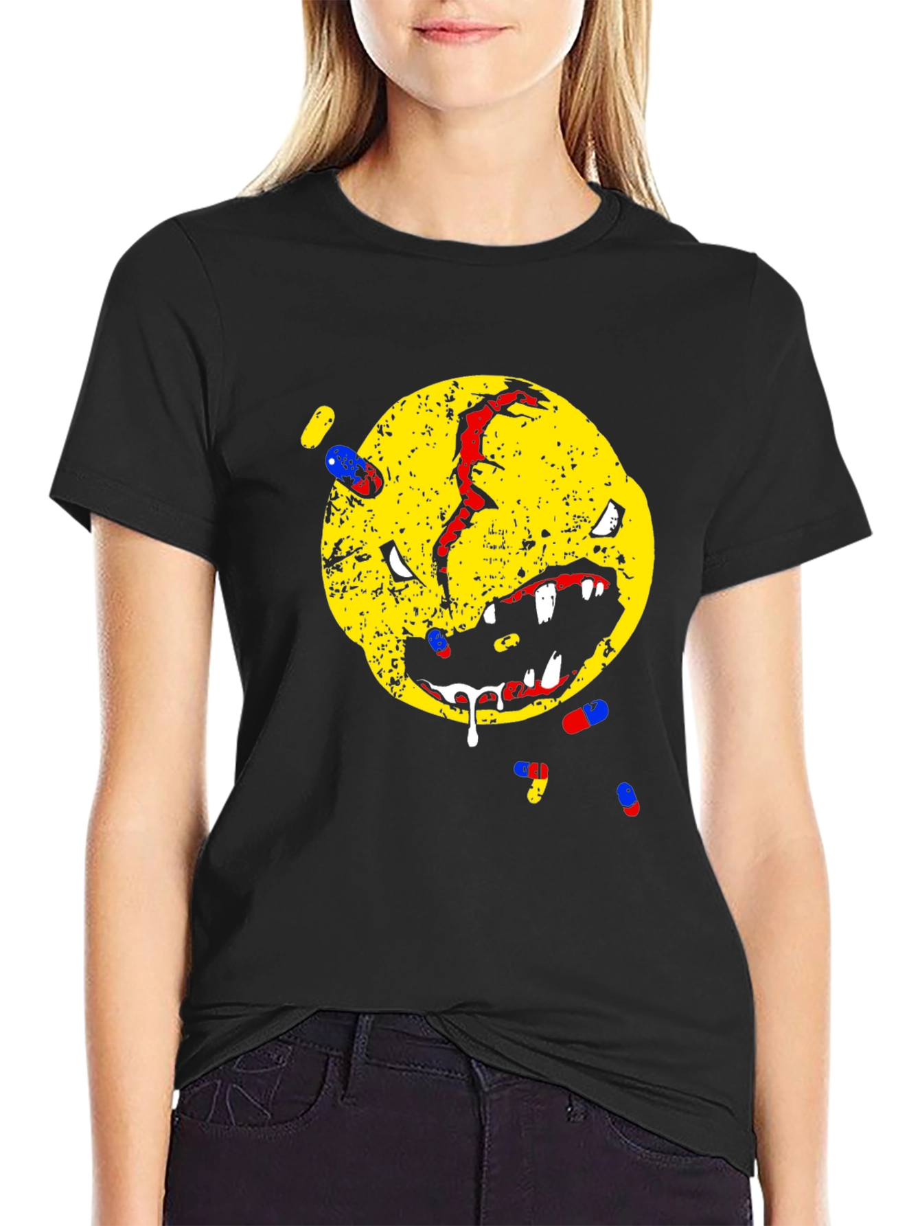Distressed Smiley Face T-Shirt - Pill Graphic Tee
