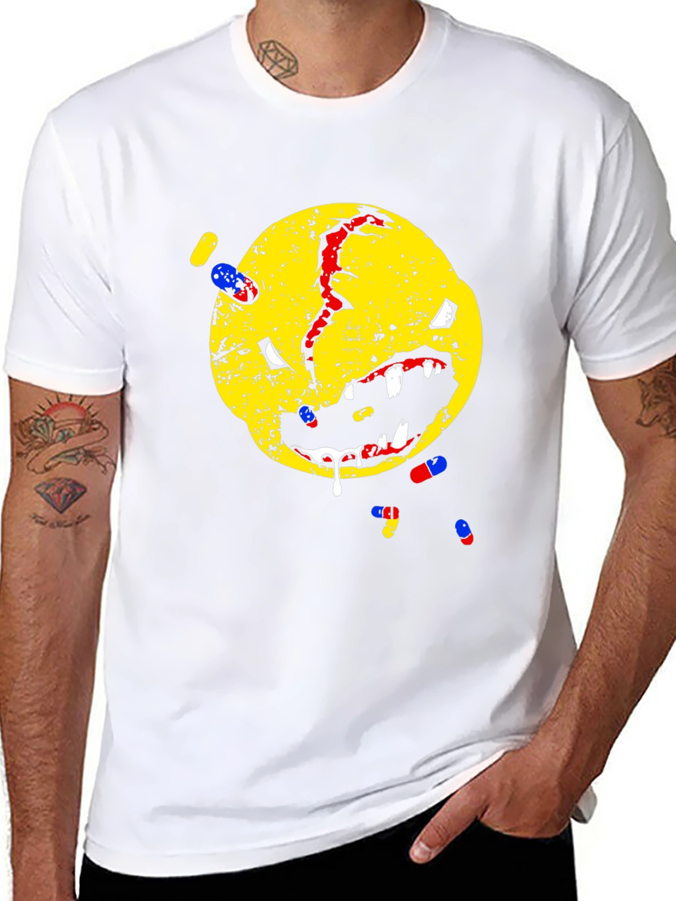Distressed Smiley Face T-Shirt - Pill Graphic Tee