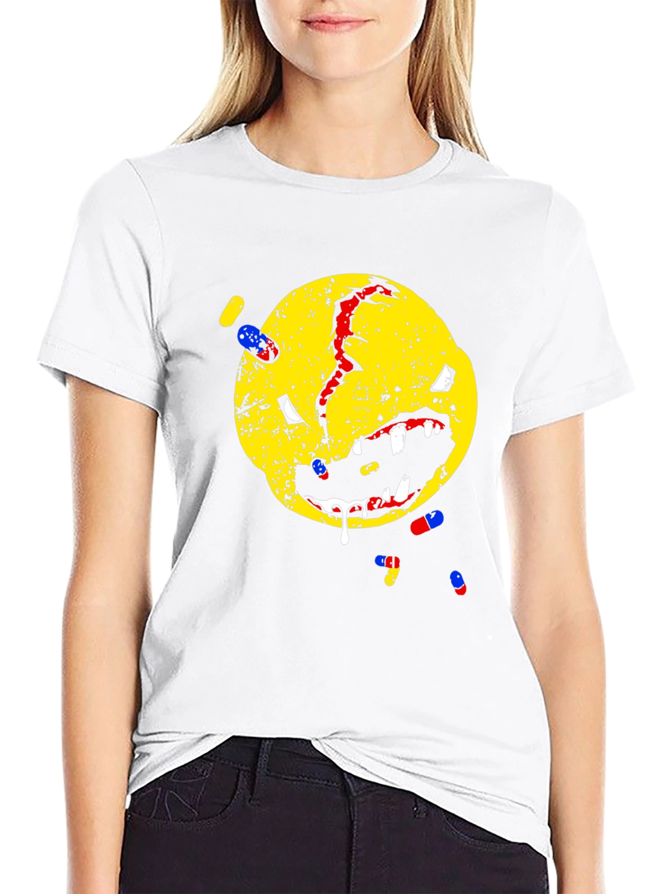 Distressed Smiley Face T-Shirt - Pill Graphic Tee
