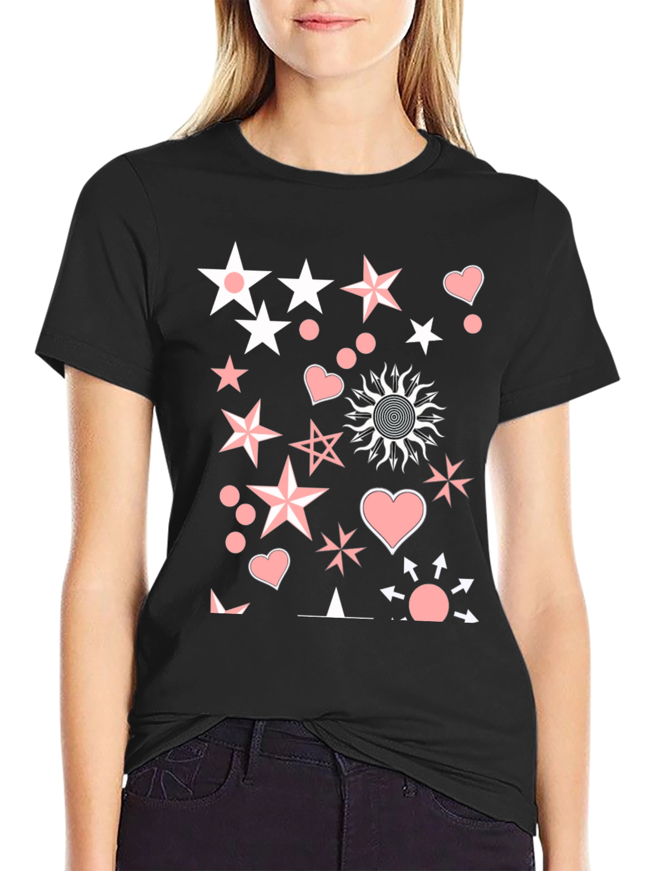 Funky Star & Heart Graphic Black T-Shirt