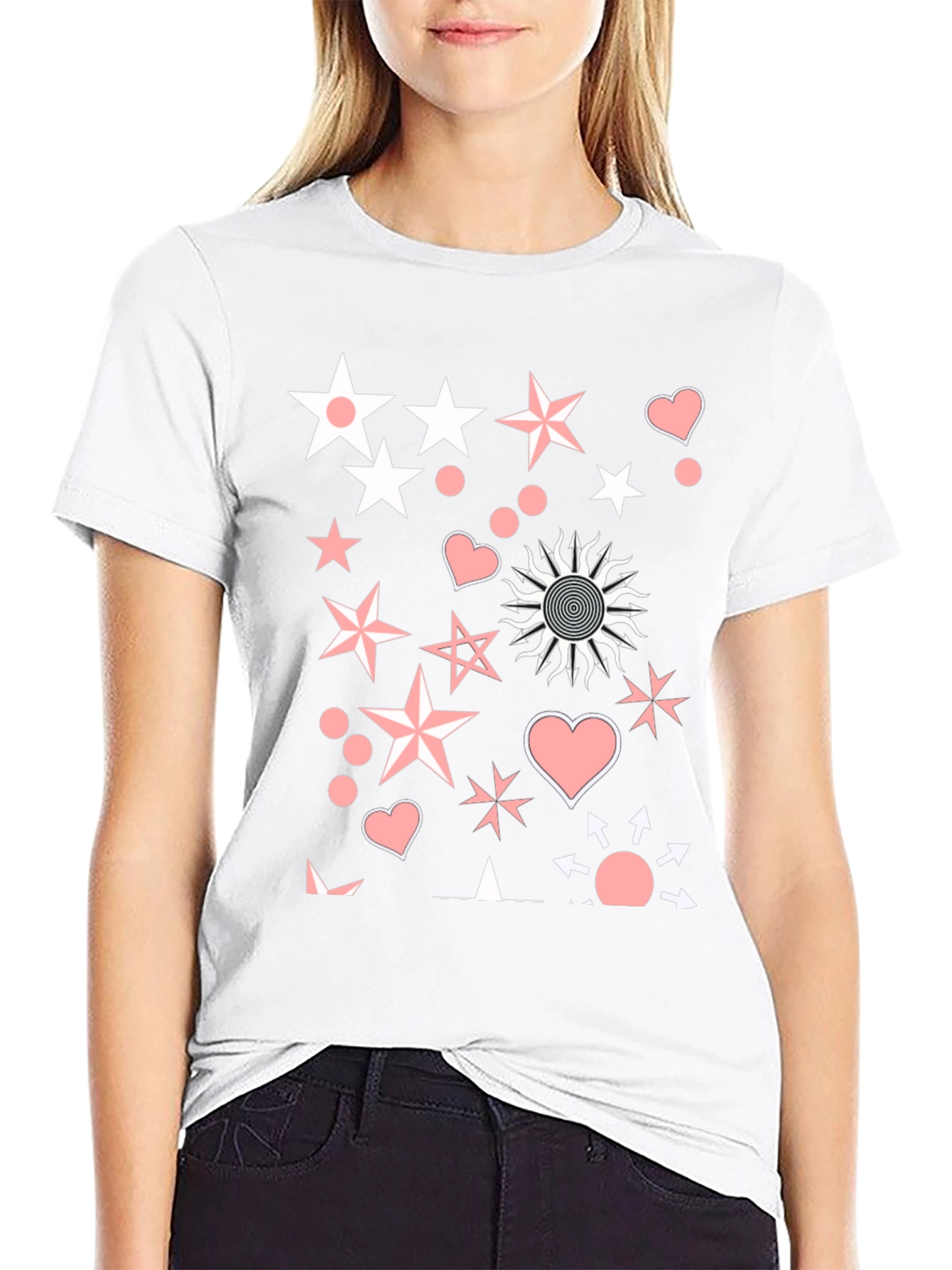 Funky Star & Heart Graphic Black T-Shirt