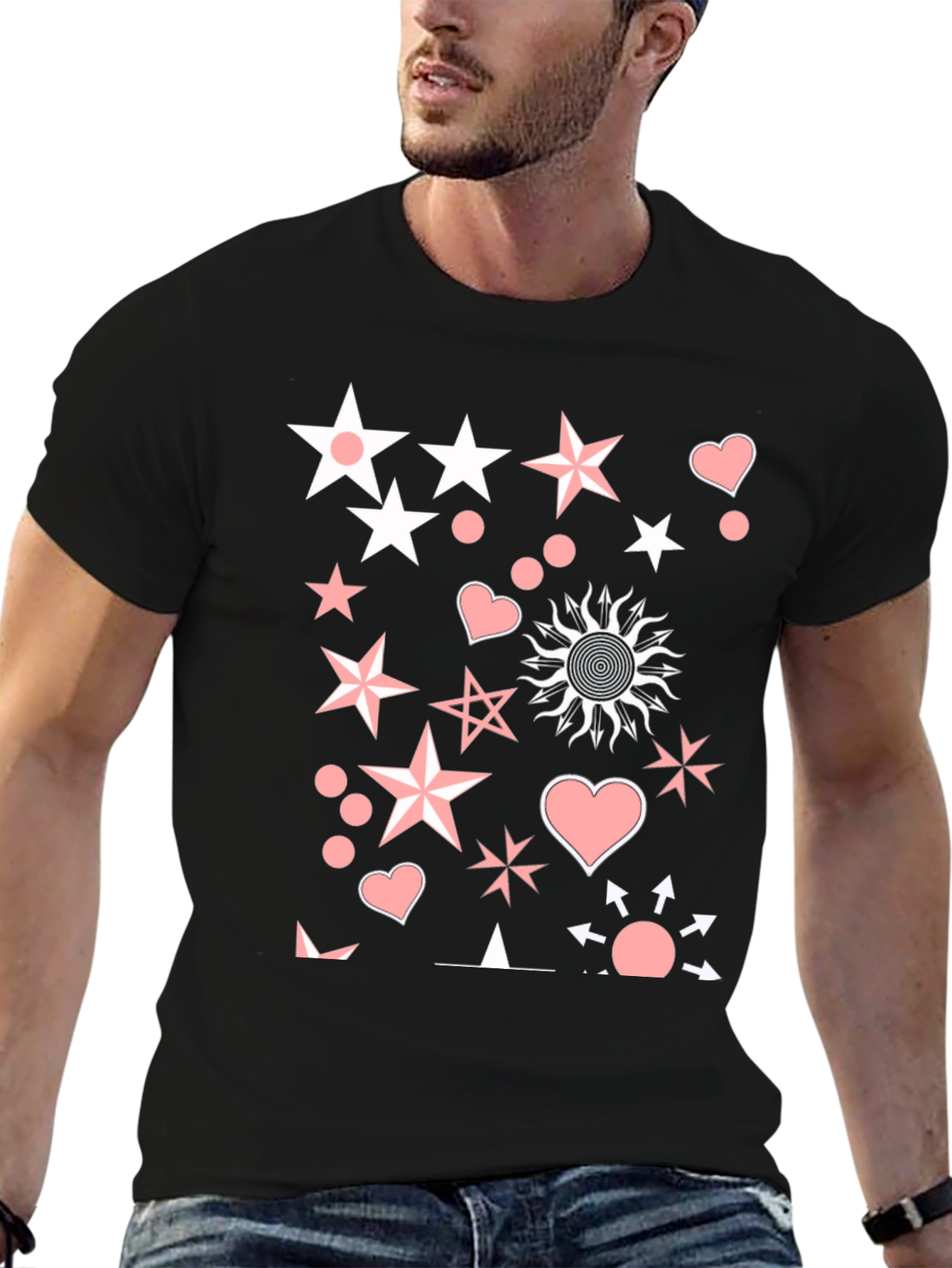 Funky Star & Heart Graphic Black T-Shirt